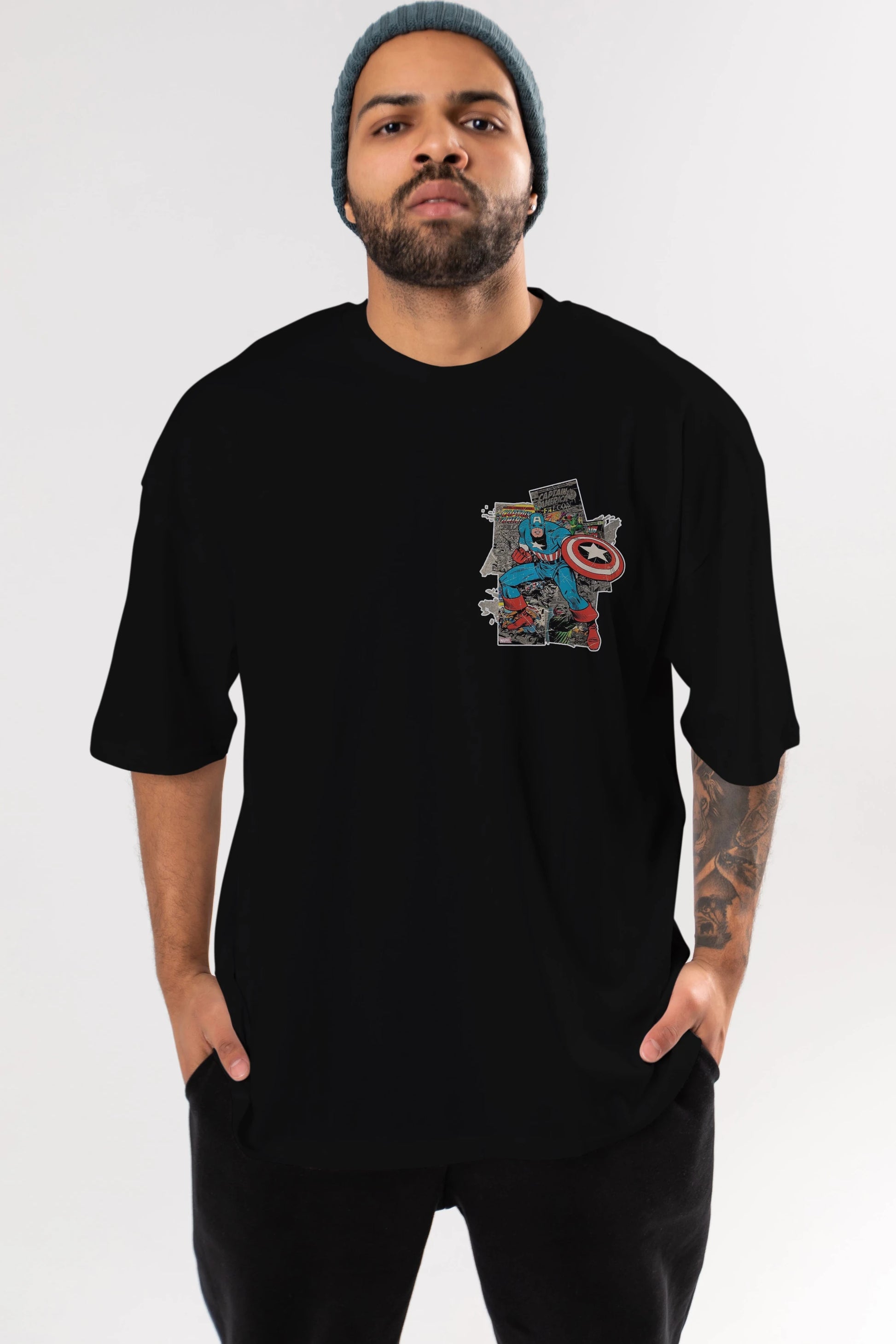 Captain America (2) Ön Sol Baskılı Oversize t-shirt Erkek Kadın Unisex %100 Pamuk Bisiklet Yaka tişort