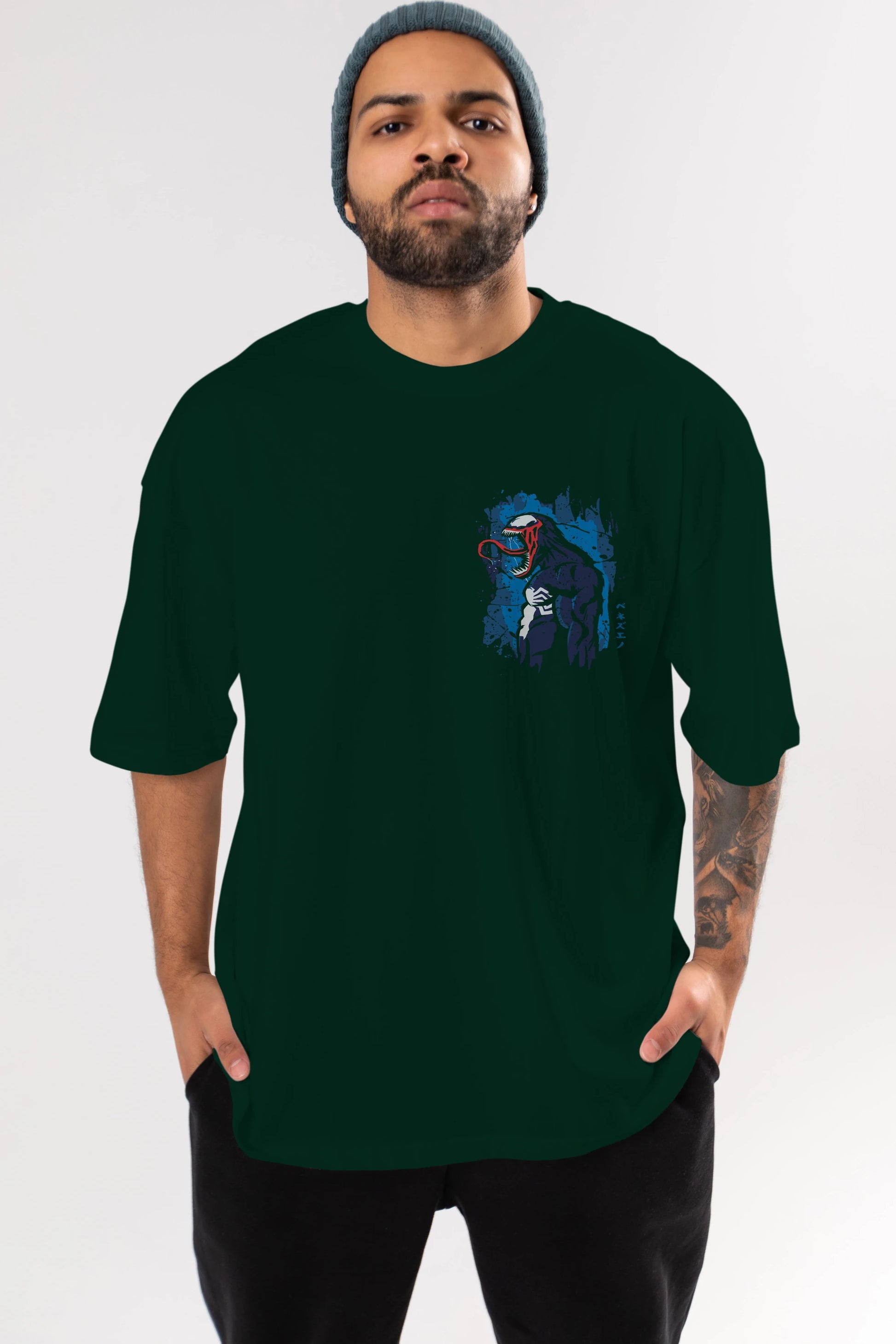 Venom (24) Ön Sol Baskılı Oversize t-shirt Erkek Kadın Unisex %100 Pamuk Bisiklet Yaka tişort