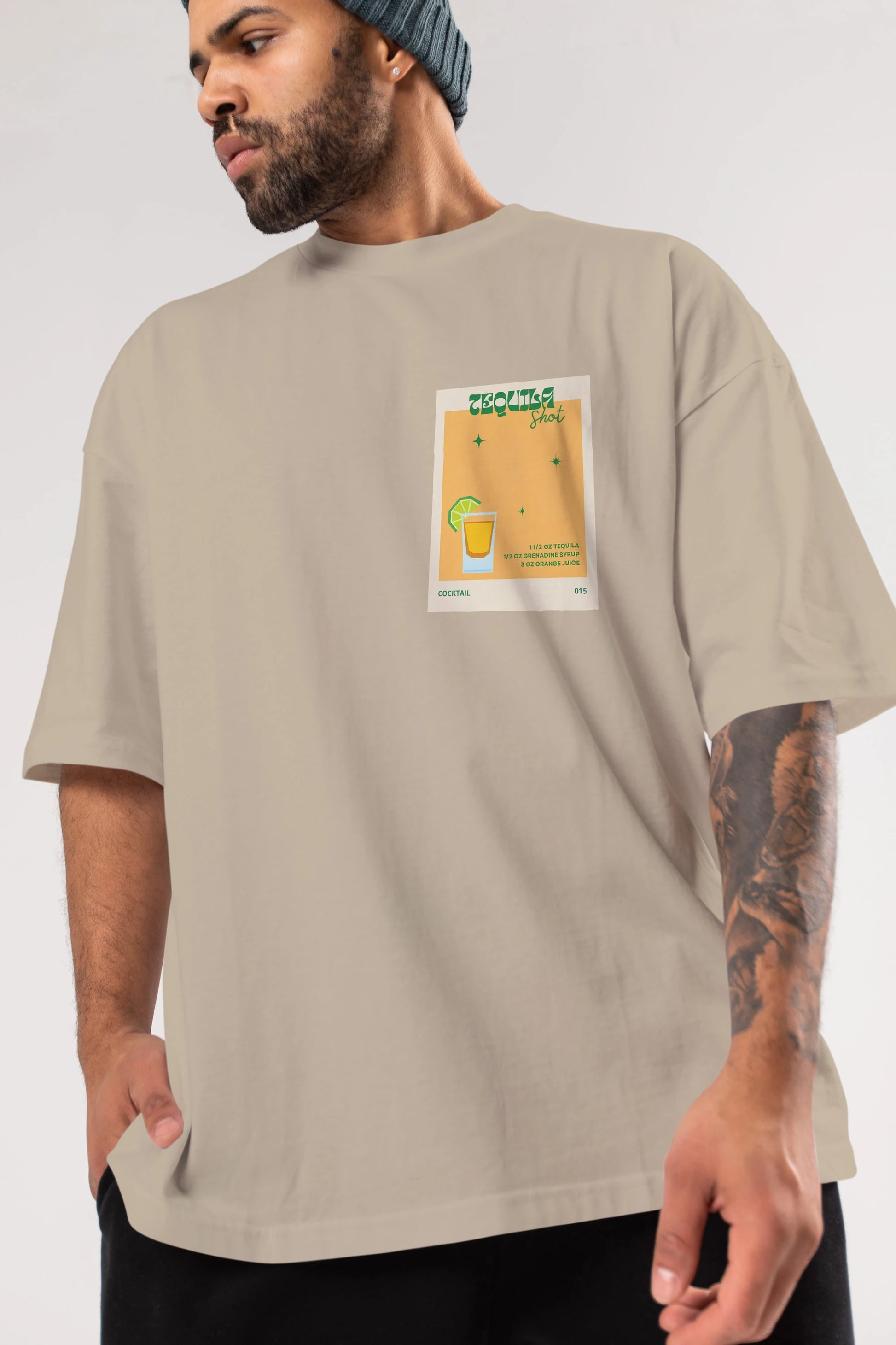 Tequila Shot 2 Ön Sol Baskılı Oversize t-shirt Erkek Kadın Unisex %100 Pamuk Bisiklet Yaka tişort