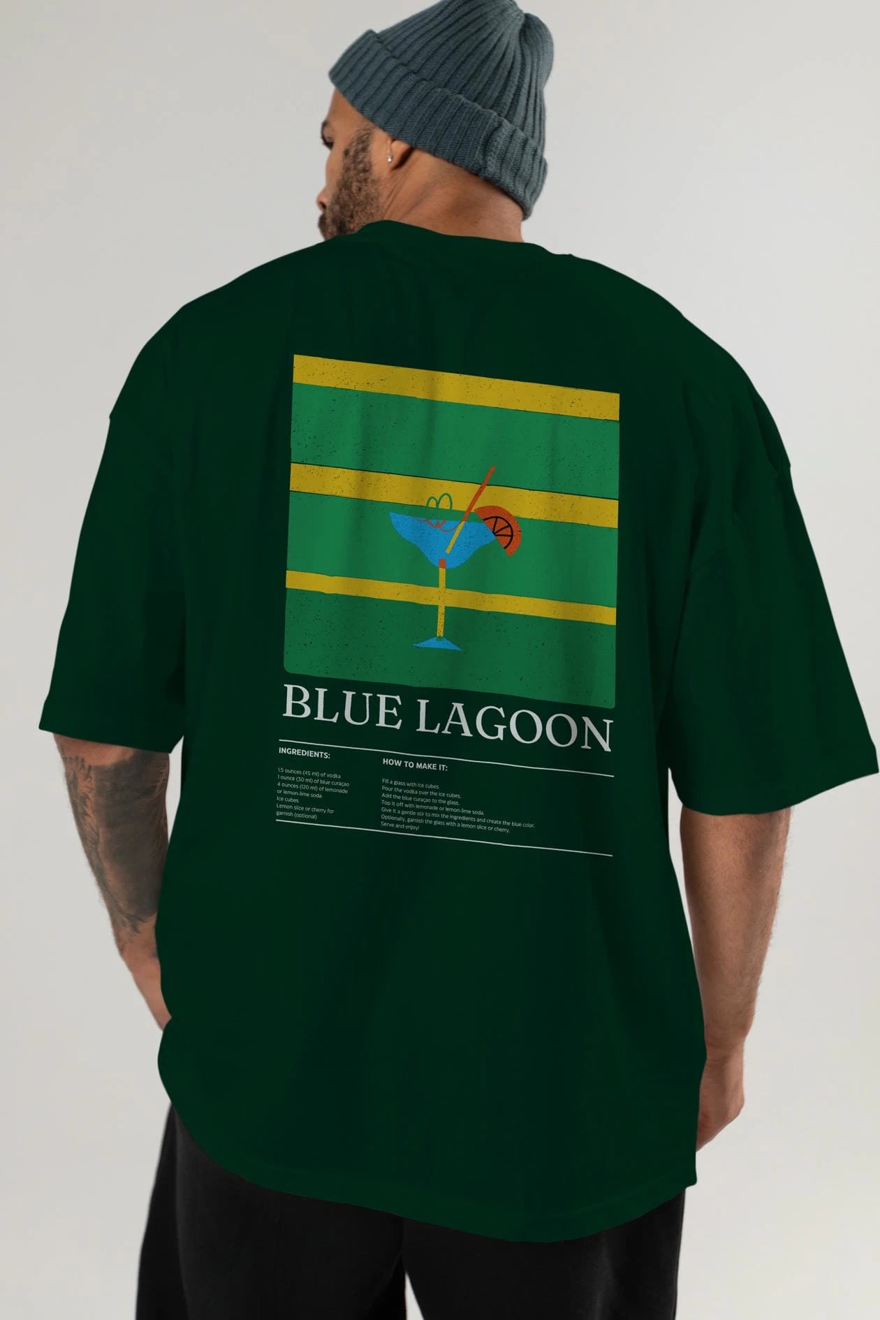 Blue Lagoon Kokteyl Serisi Arka Baskılı Oversize t-shirt Erkek Kadın %100 Pamuk Bisiklet Yaka tişort