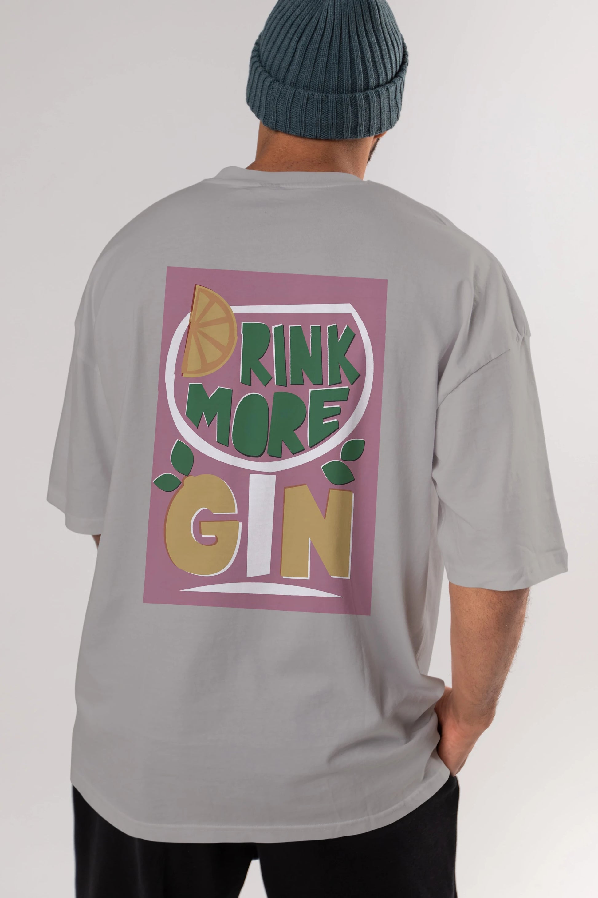 Drink More Gin Arka Baskılı Oversize t-shirt Erkek Kadın Unisex %100 Pamuk Bisiklet Yaka tişort