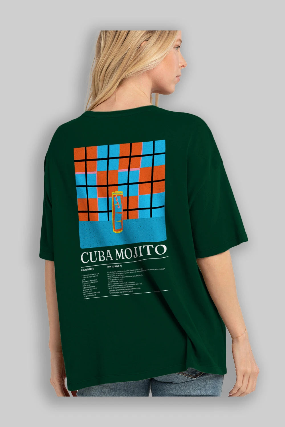 Cuba Mojıto Kokteyl Serisi Arka Baskılı Oversize t-shirt Erkek Kadın %100 Pamuk Bisiklet Yaka tişort