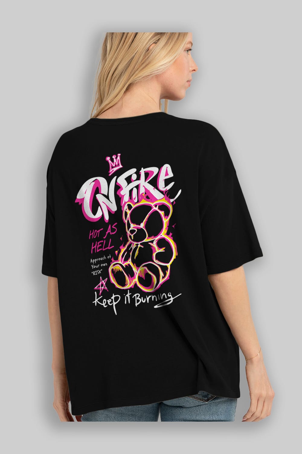 On Fire Bear Arka Baskılı Oversize t-shirt Erkek Kadın Unisex