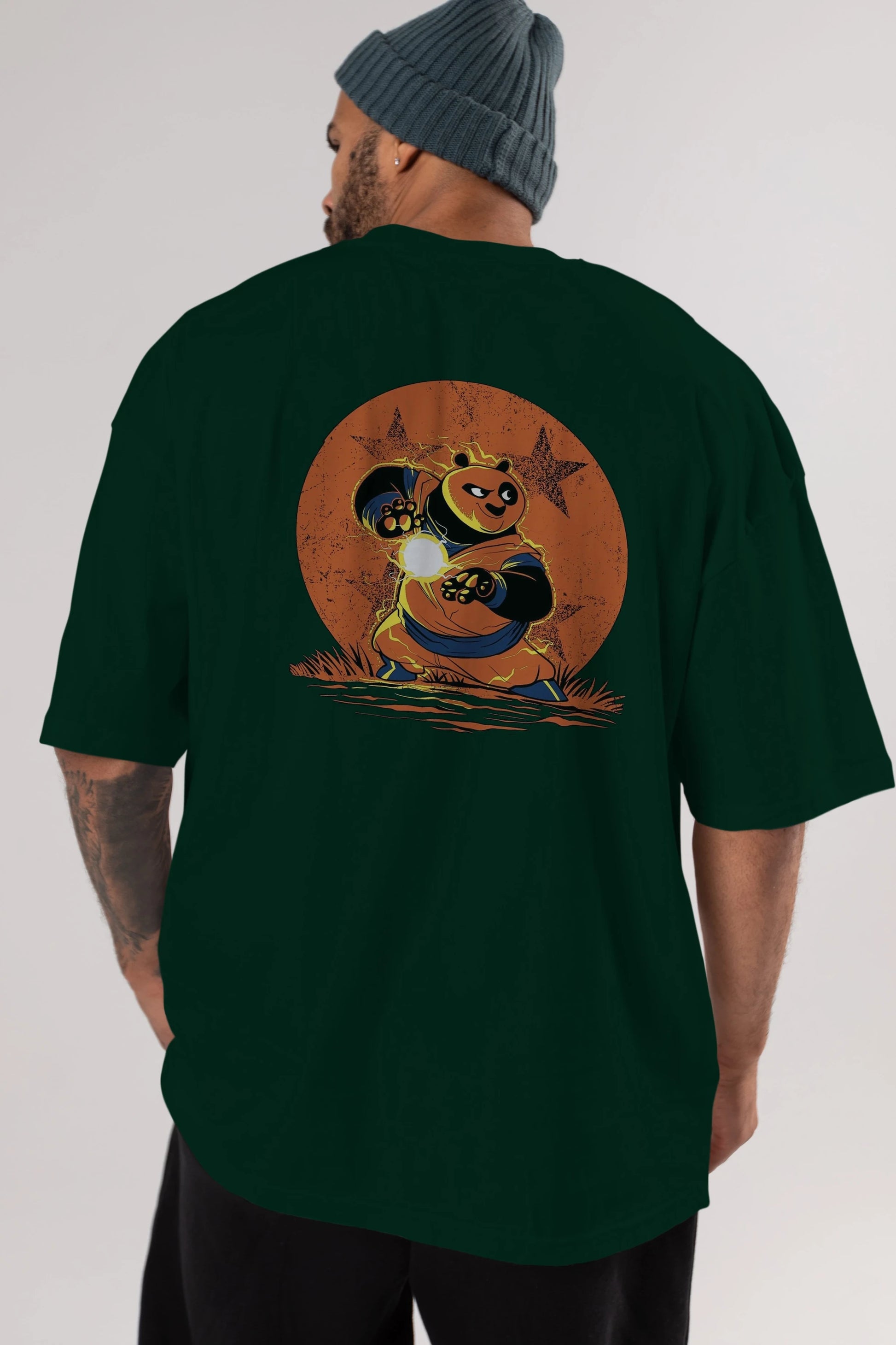 Kung Fu Panda Arka Baskılı Oversize t-shirt Erkek Kadın Unisex %100 Pamuk Bisiklet Yaka tişort