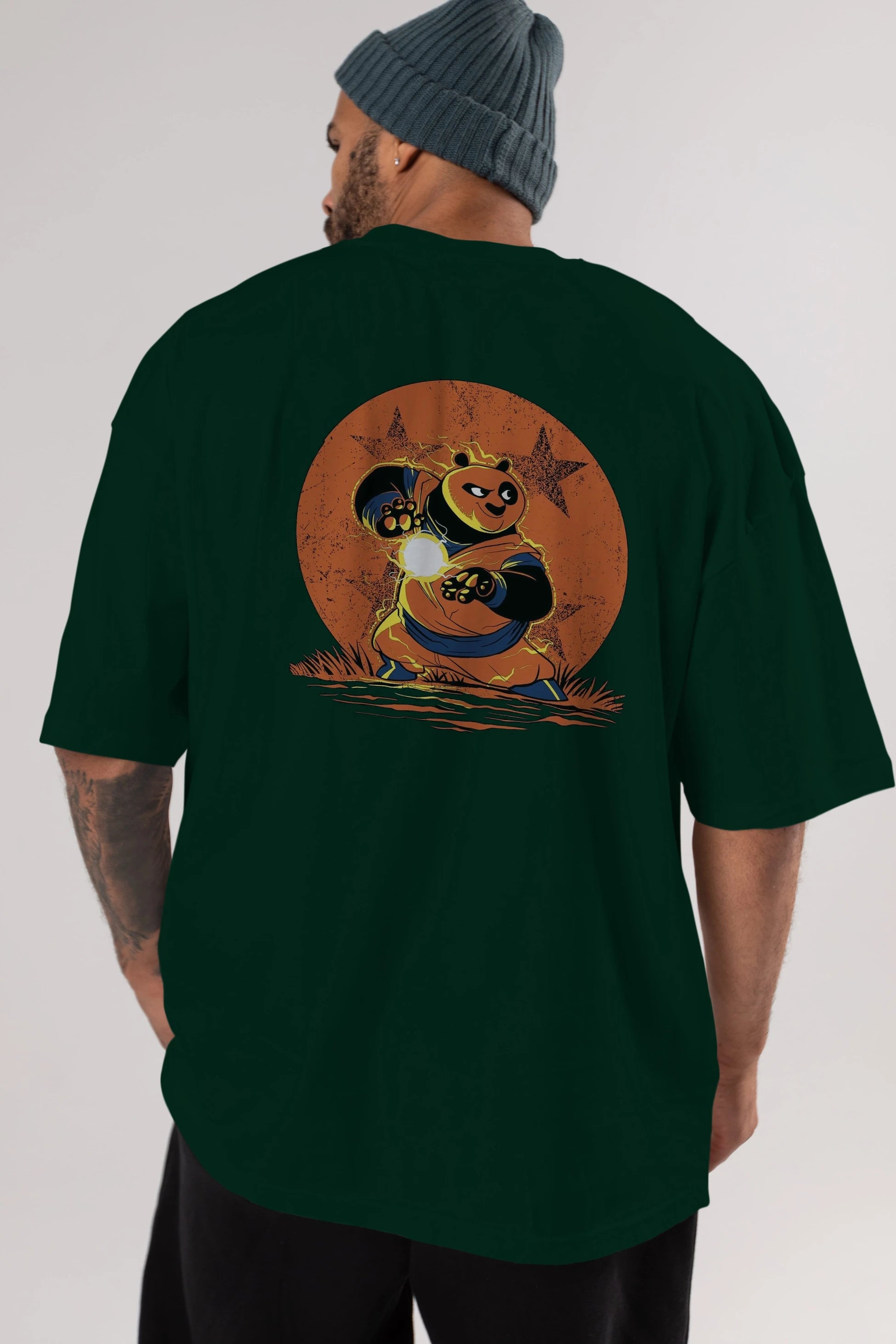 Kung Fu Panda Arka Baskılı Oversize t-shirt Erkek Kadın Unisex %100 Pamuk Bisiklet Yaka tişort