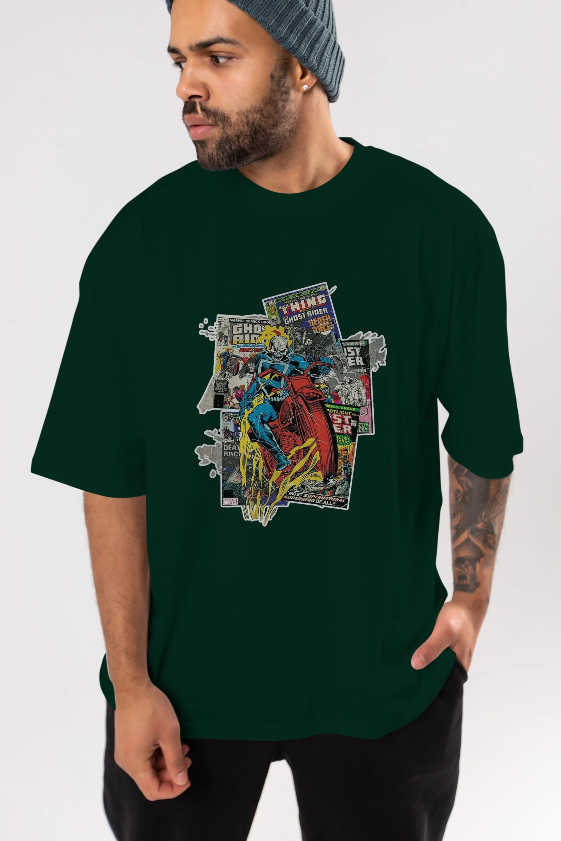 Ghost Rider Ön Baskılı Oversize t-shirt Erkek Kadın Unisex %100 Pamuk Bisiklet Yaka tişort