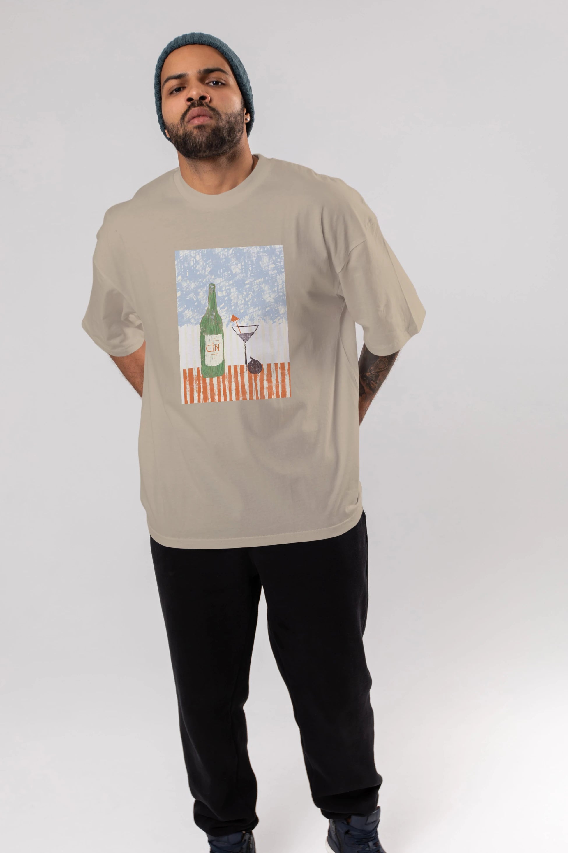 Gin Ön Baskılı Oversize t-shirt Erkek Kadın Unisex %100 Pamuk Bisiklet Yaka tişort
