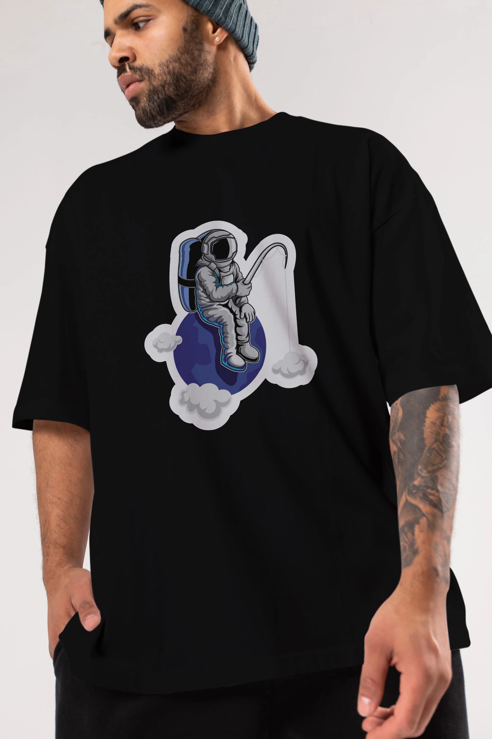 Astronaut Fishing Sticker Ön Baskılı Oversize t-shirt Erkek Kadın Unisex