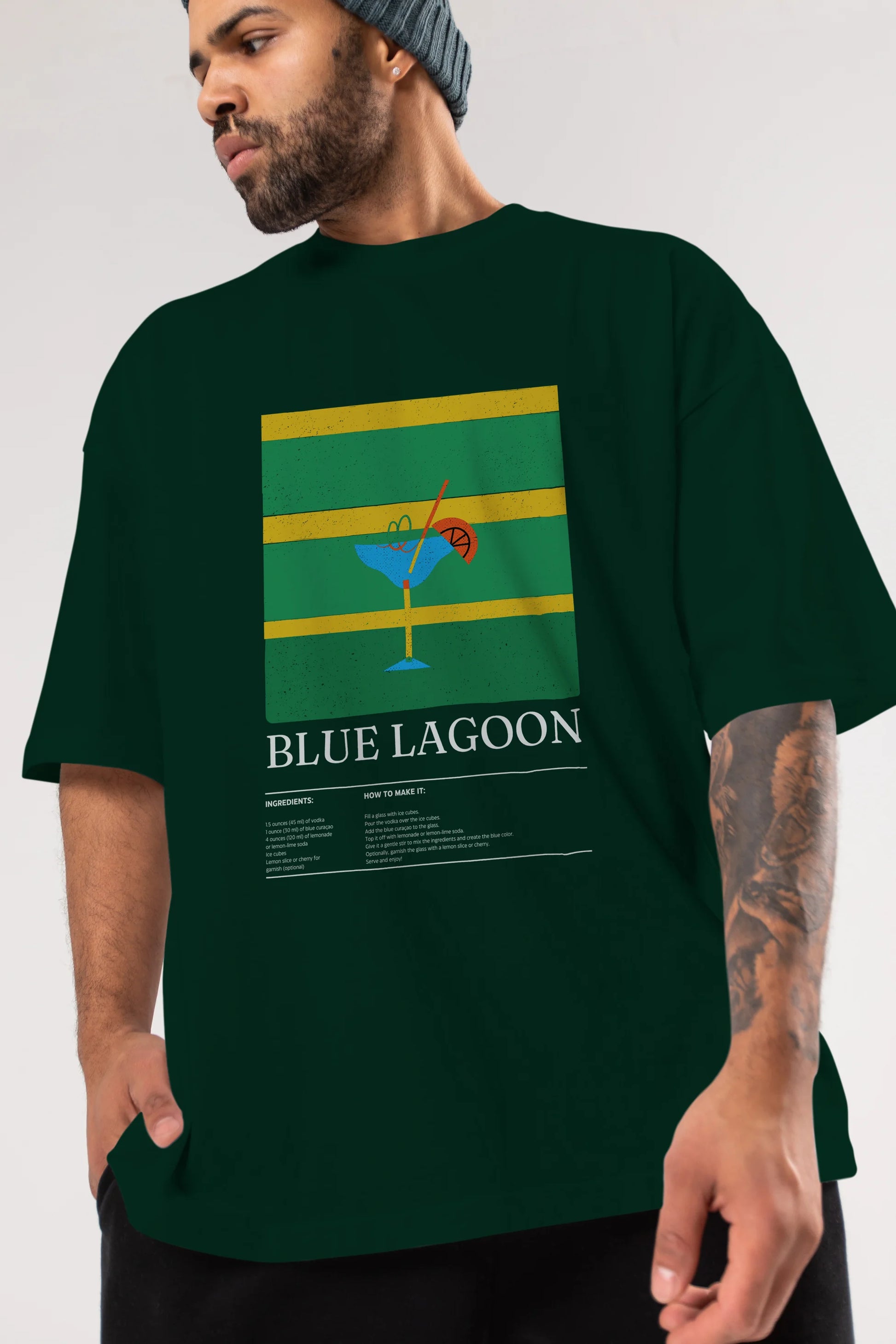 Blue Lagoon Kokteyl Ön Baskılı Oversize t-shirt Erkek Kadın %100 Pamuk Bisiklet Yaka tişort