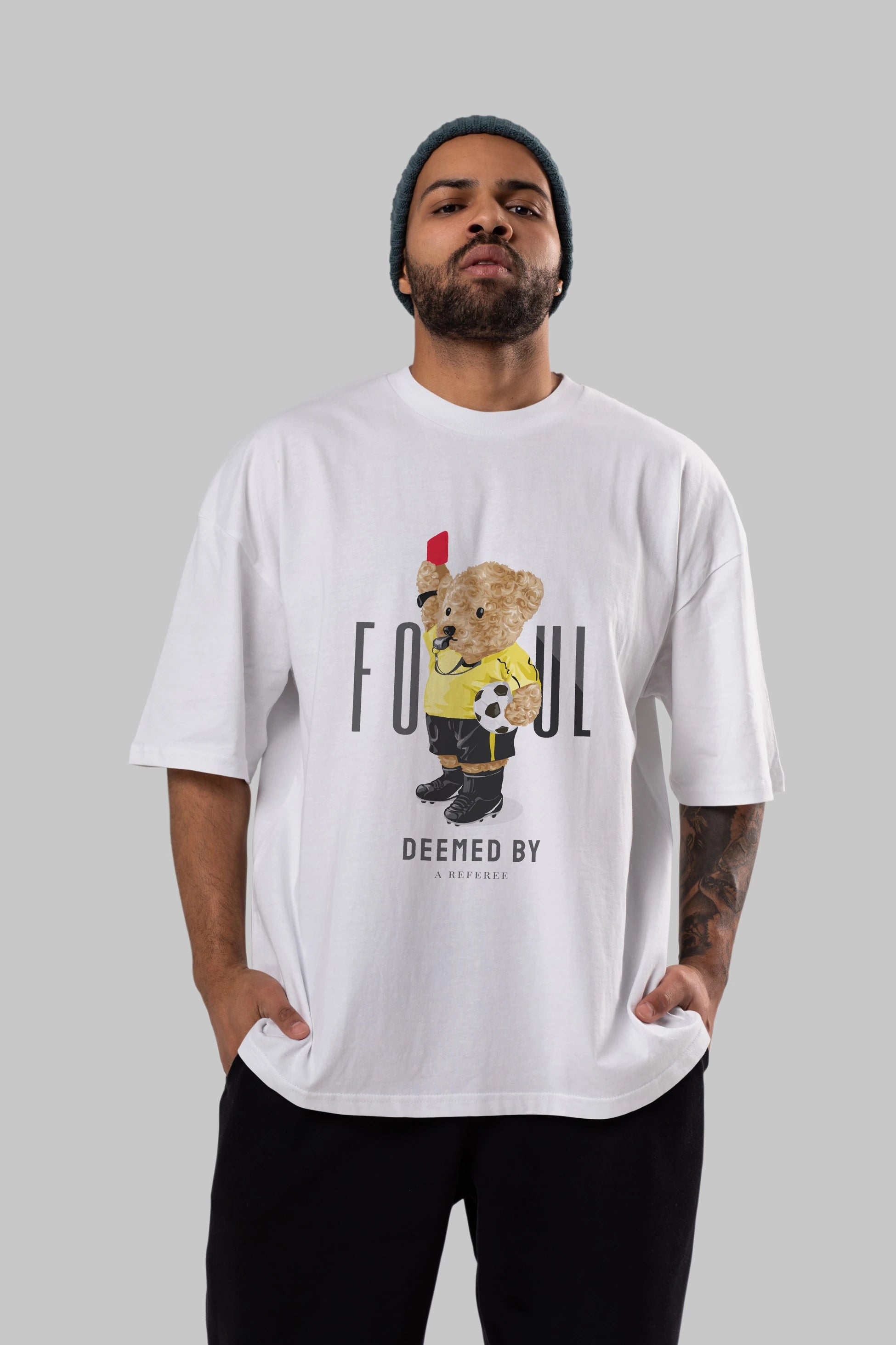 Teddy Bear Kırmızı Kart Ön Baskılı Oversize t-shirt Erkek Kadın Unisex %100 Pamuk
