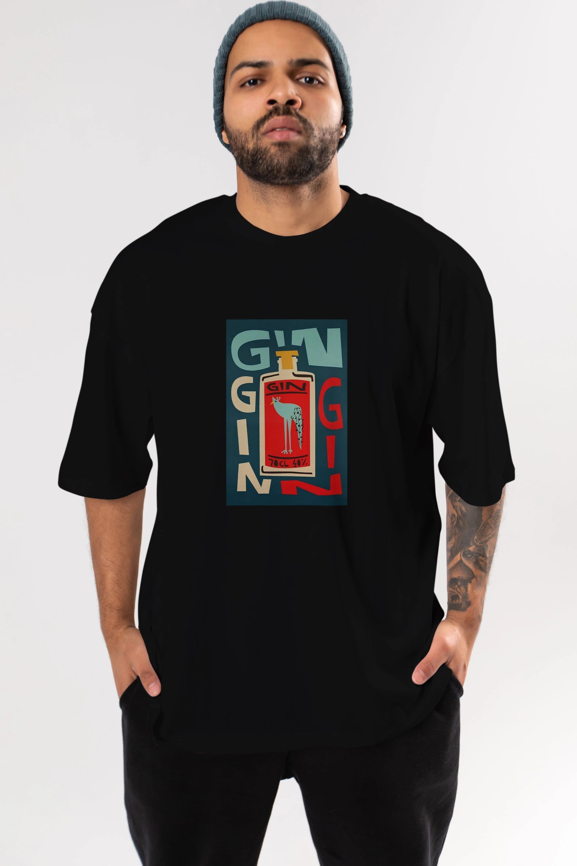 Gin 2 Ön Baskılı Oversize t-shirt Erkek Kadın Unisex %100 Pamuk Bisiklet Yaka tişort