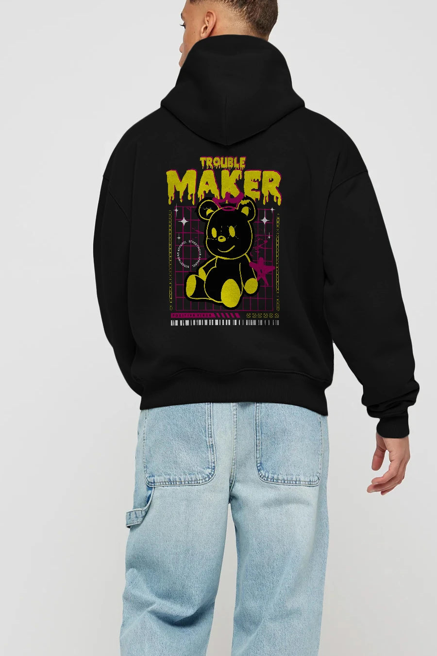 Teddy Bear Trouble Maker Arka Baskılı Hoodie Oversize Kapüşonlu Sweatshirt Erkek Kadın Unisex