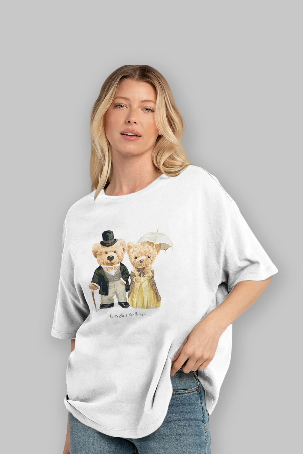 Teddy Bear Couple Ön Baskılı Oversize t-shirt Erkek Kadın Unisex %100 Pamuk