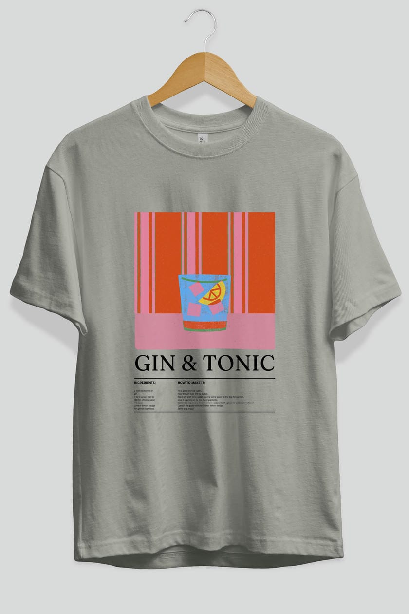 Gin tonic Kokteyl Ön Baskılı Oversize t-shirt Erkek Kadın %100 Pamuk Bisiklet Yaka tişort