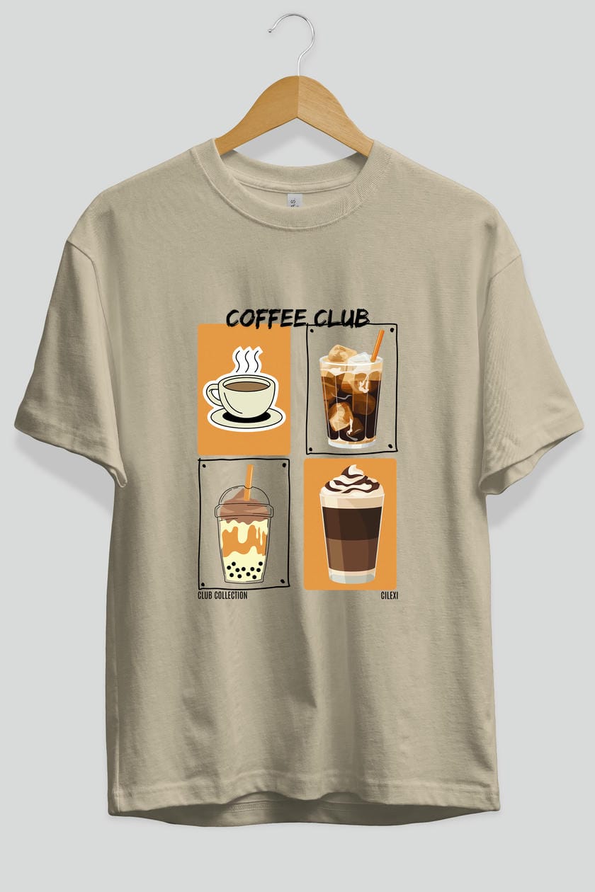 Coffee Club ön Baskılı Oversize t-shirt Erkek Kadın %100 Pamuk Bisiklet Yaka tişort