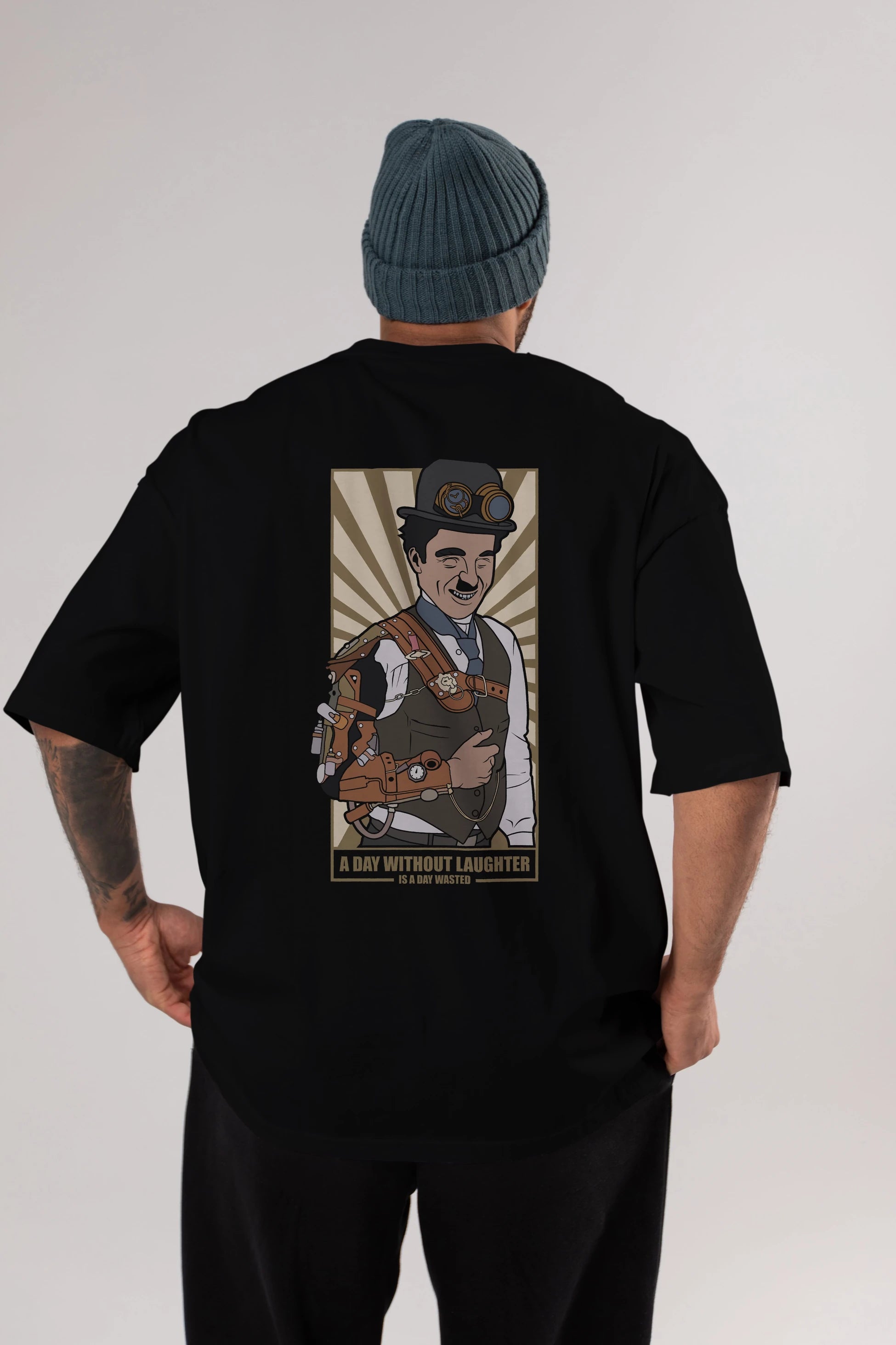 Steampunk Chaplin Arka Baskılı Oversize t-shirt Erkek Kadın Unisex %100 Pamuk tişort