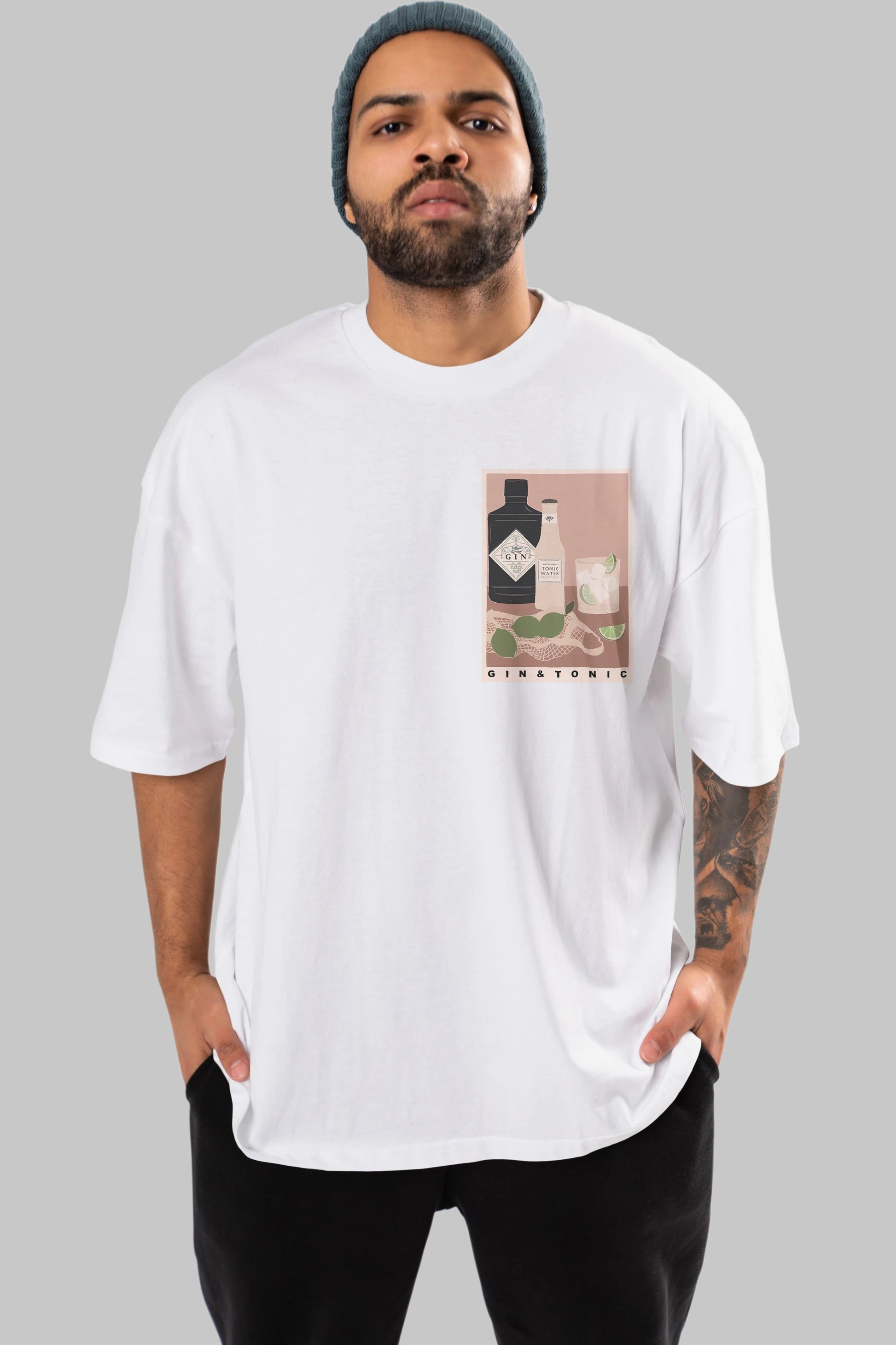 Gin Tonic Ön Sol Baskılı Oversize t-shirt Erkek Kadın Unisex %100 Pamuk Bisiklet Yaka tişort