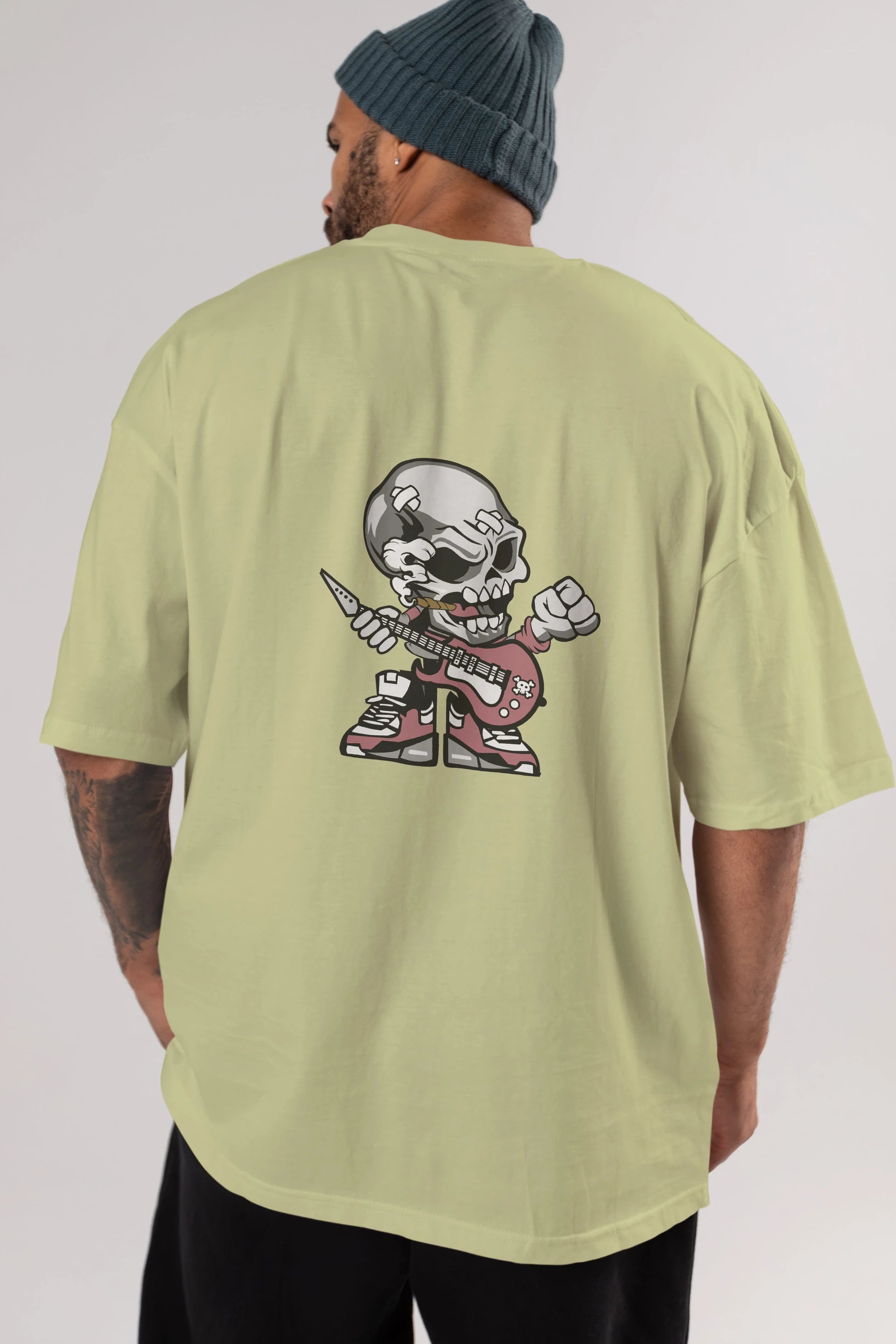 Skull Rockstar Arka Baskılı Oversize t-shirt Erkek Kadın Unisex %100 Pamuk tişort