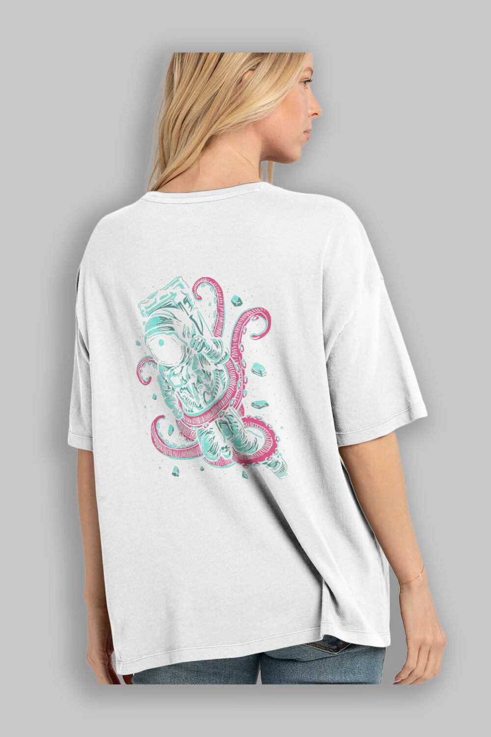 Astronaut Octopus Arka Baskılı Oversize t-shirt Erkek Kadın Unisex %100 Pamuk