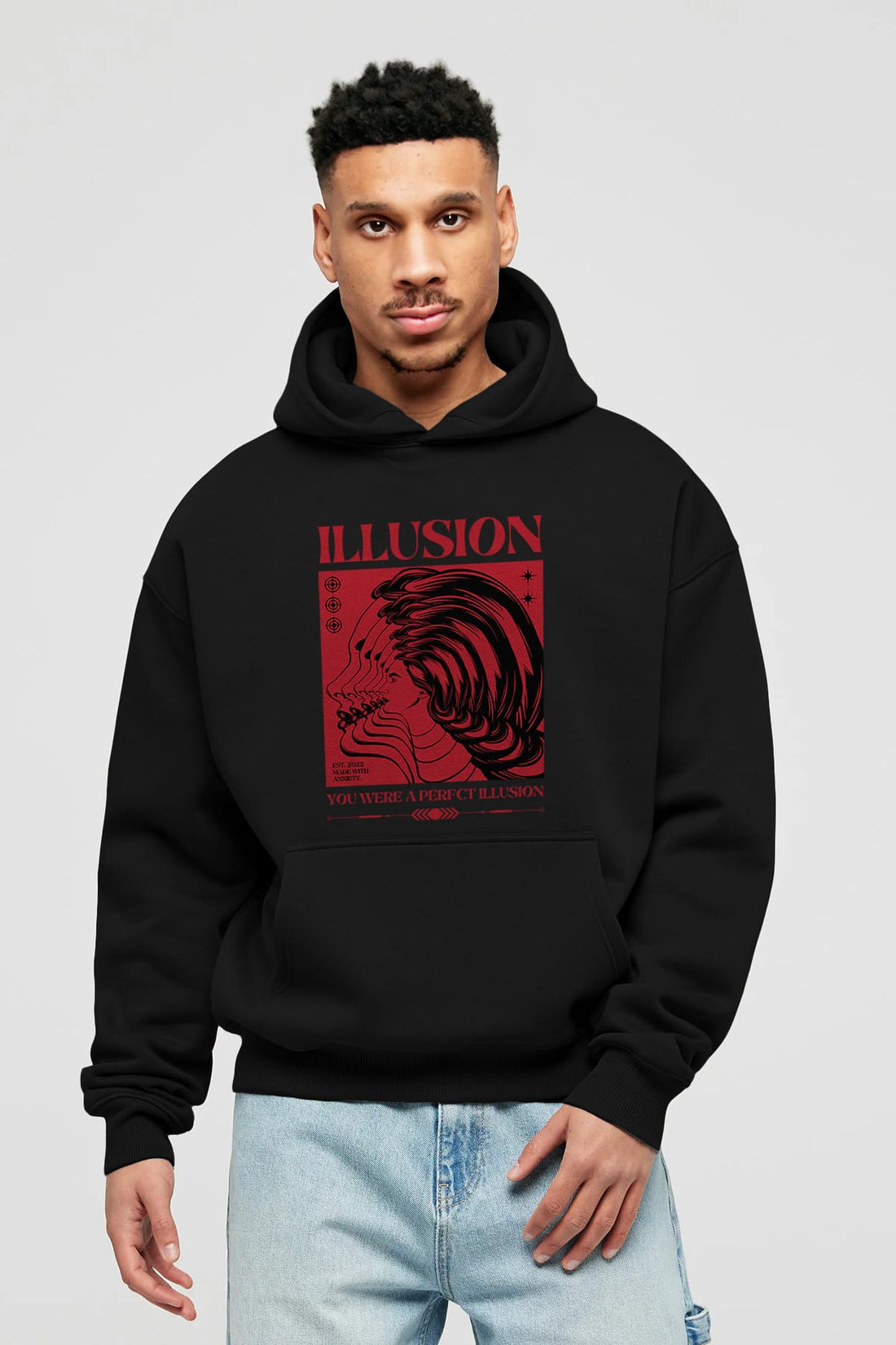 Illusion Streetwear Ön Baskılı Oversize Hoodie Kapüşonlu Sweatshirt Erkek Kadın Unisex