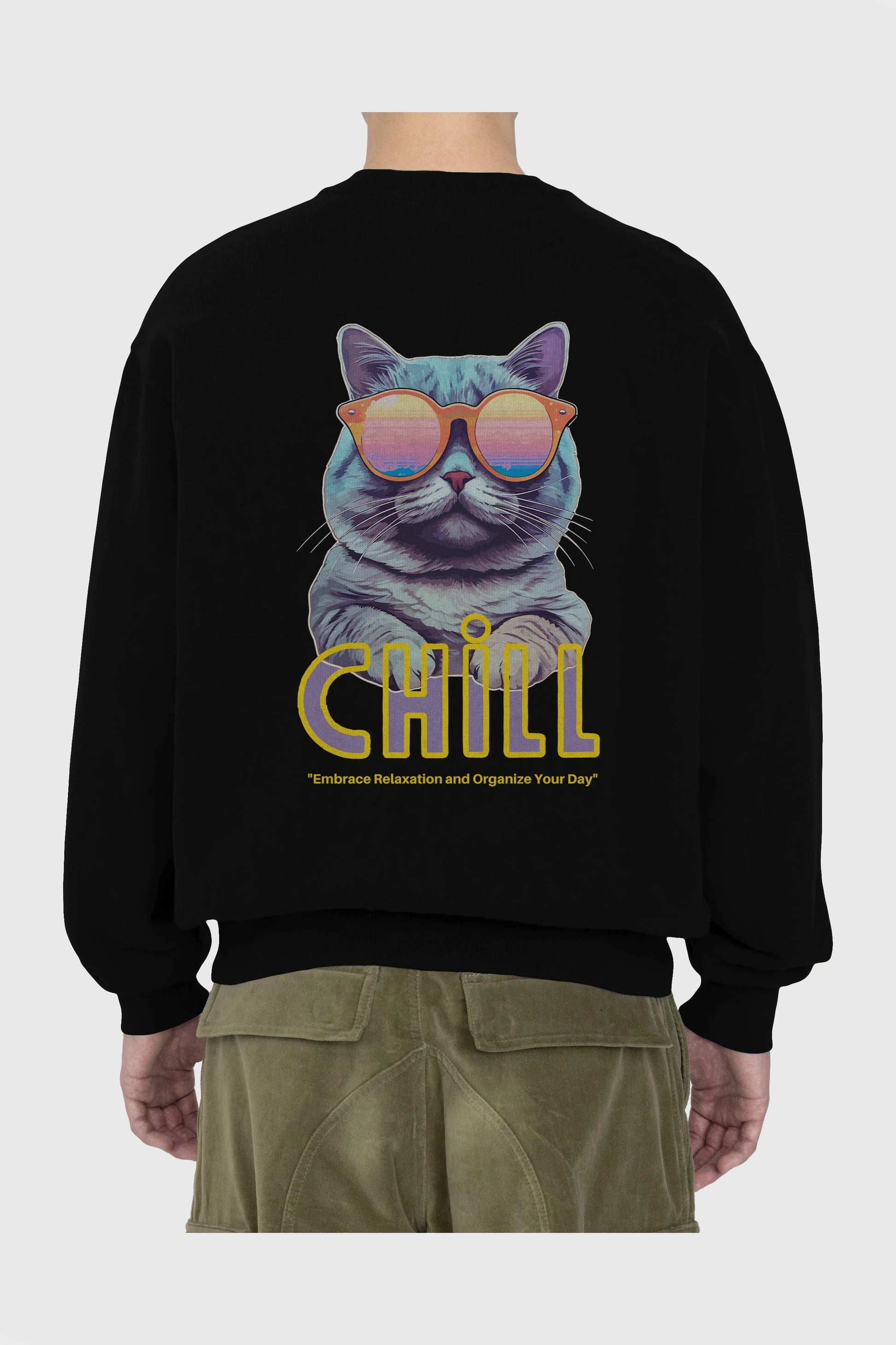 Chill Cat Arka Baskılı Oversize Sweatshirt Erkek Kadın Unisex