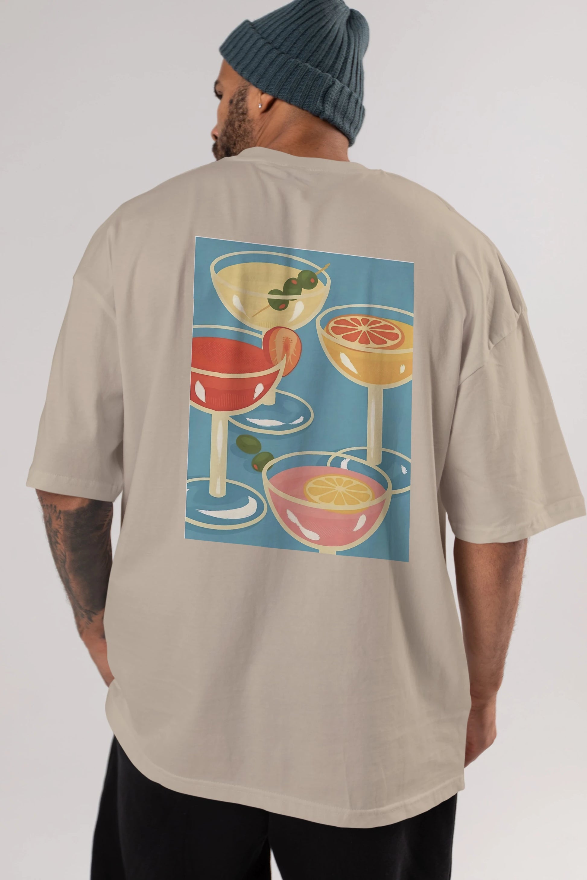 Cocktails Arka Baskılı Oversize t-shirt Erkek Kadın Unisex %100 Pamuk Bisiklet Yaka tişort