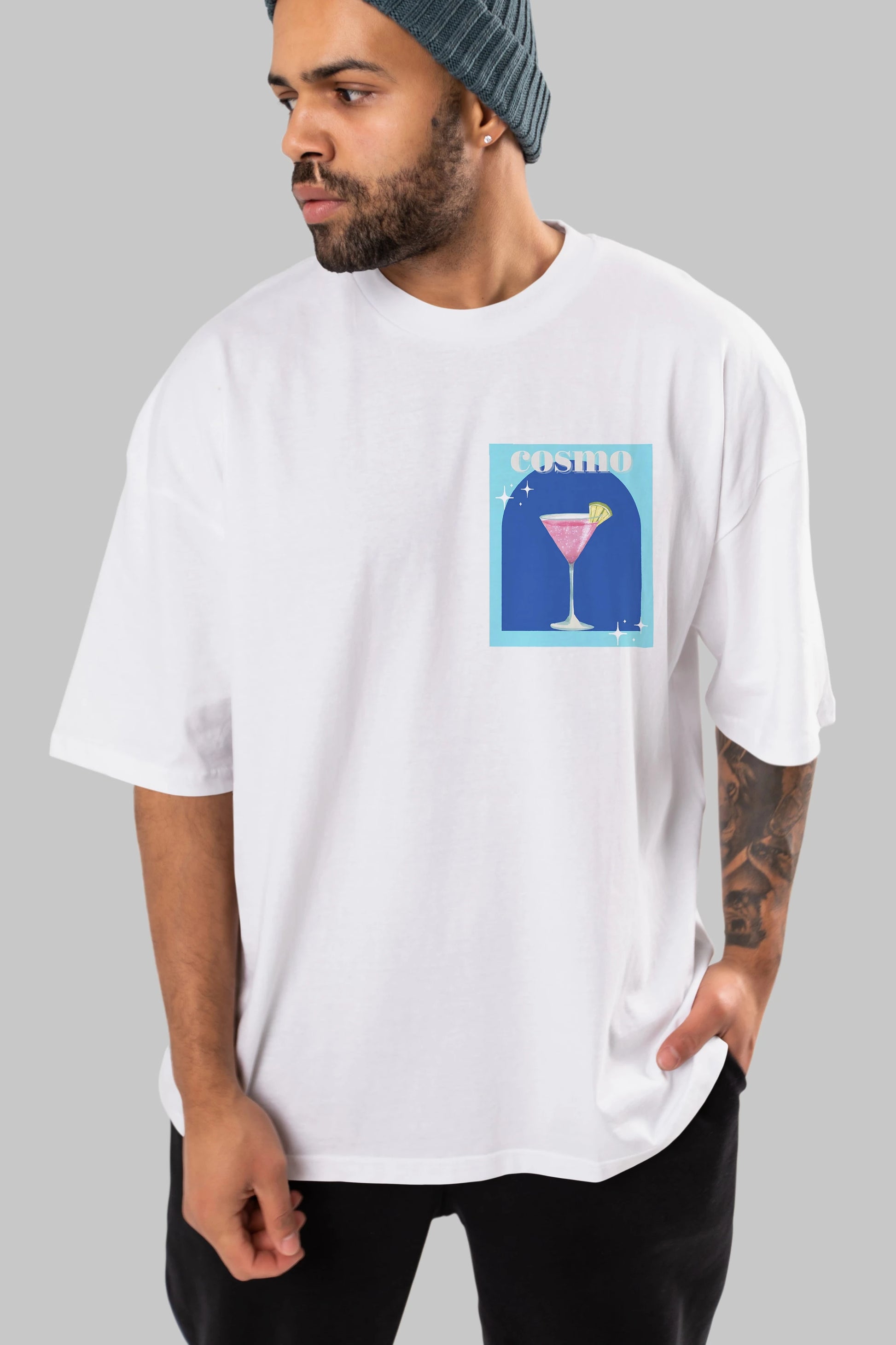 Cosmopolitan 2 Ön Sol Baskılı Oversize t-shirt Erkek Kadın Unisex %100 Pamuk Bisiklet Yaka tişort