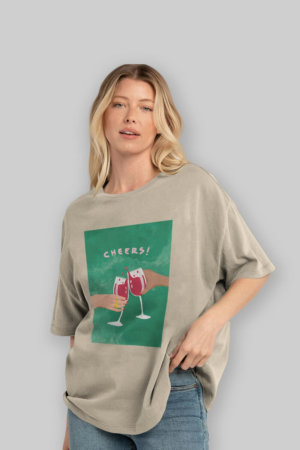 Cheers Ön Baskılı Oversize t-shirt Erkek Kadın Unisex %100 Pamuk Bisiklet Yaka tişort