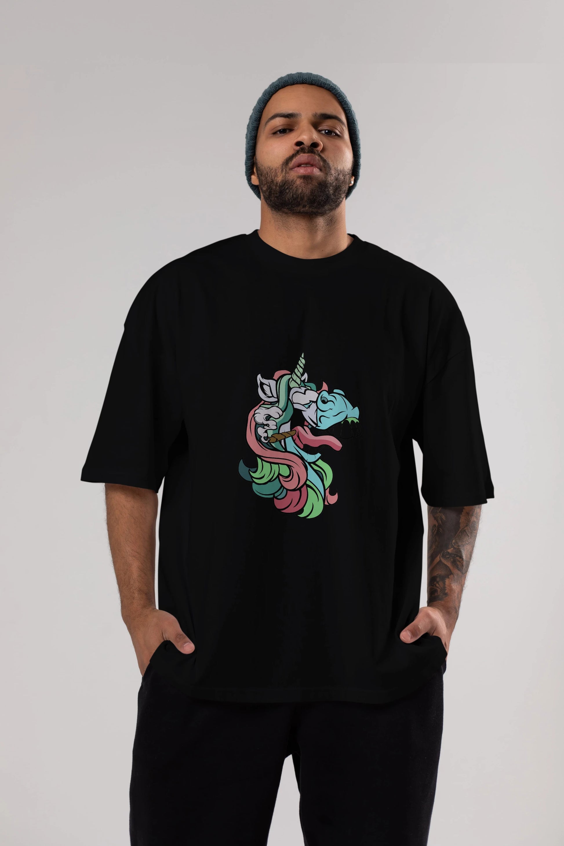 Crazy Unicorn Ön Baskılı Oversize t-shirt Erkek Kadın Unisex %100 Pamuk tişort