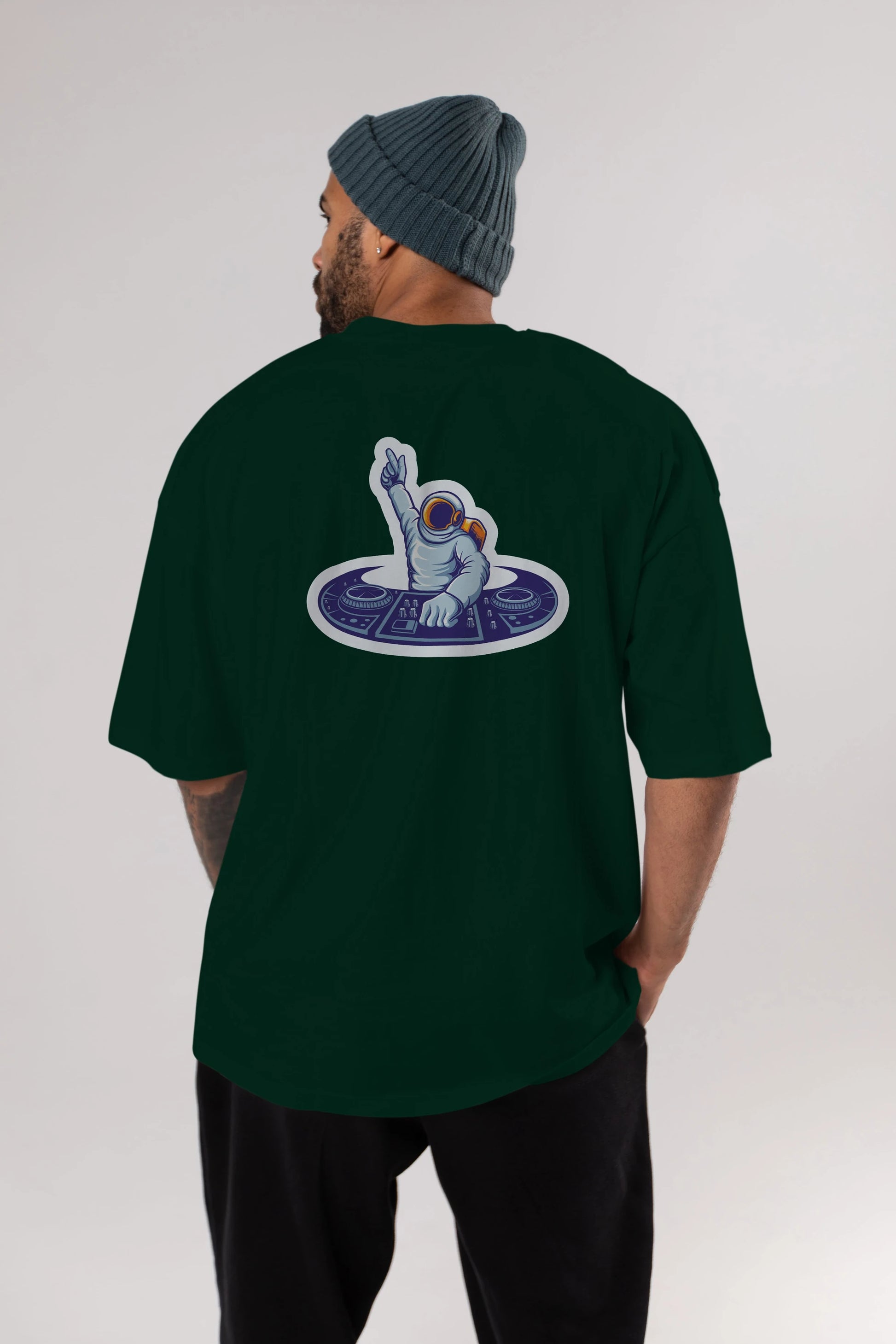 Astronaut Disk Jockey Party Sticker Arka Baskılı Oversize t-shirt Erkek Kadın Unisex