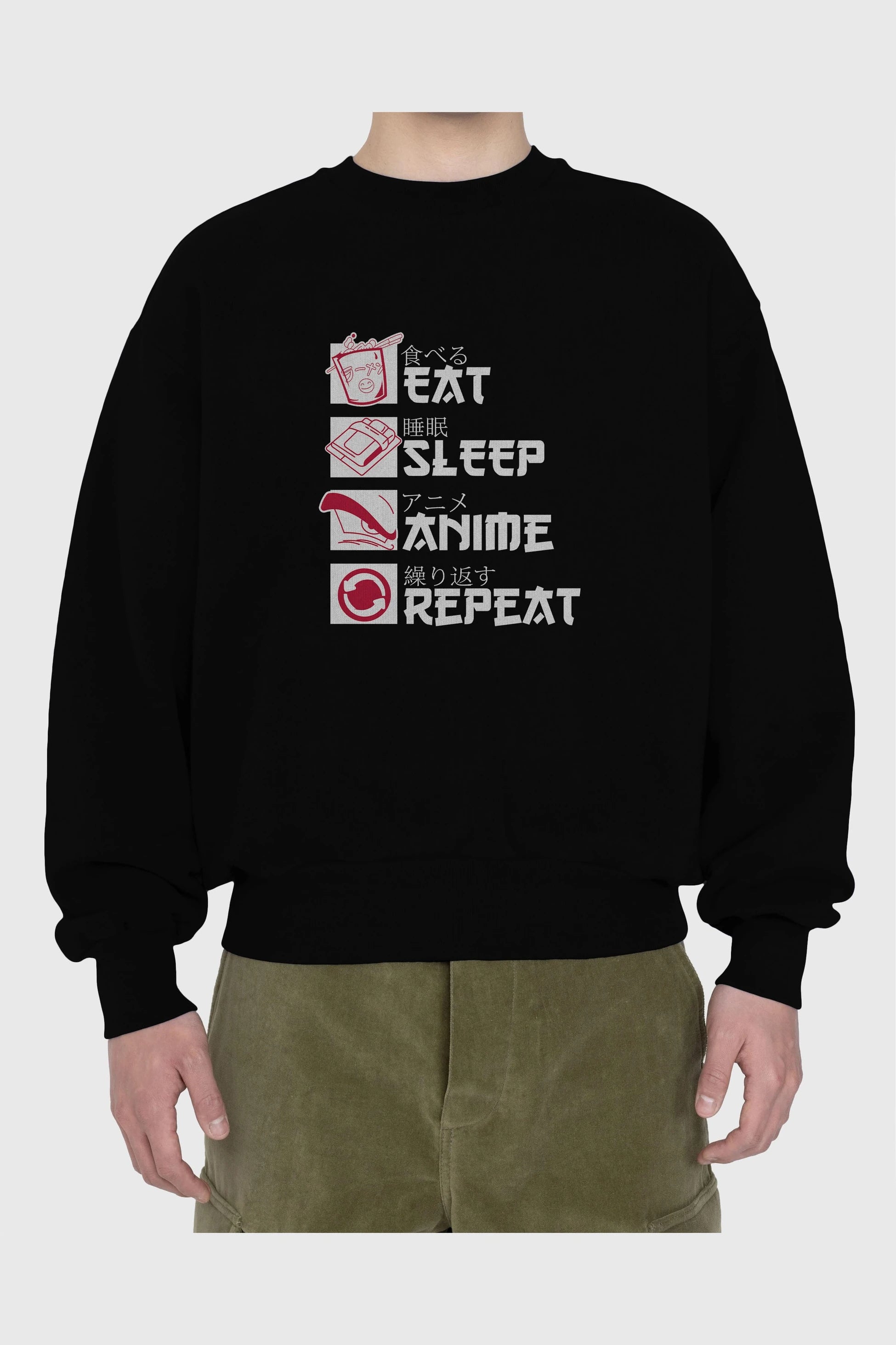 Eat, Sleep, Anime, Repeat Anime Ön Baskılı Oversize Sweatshirt Erkek Kadın Unisex