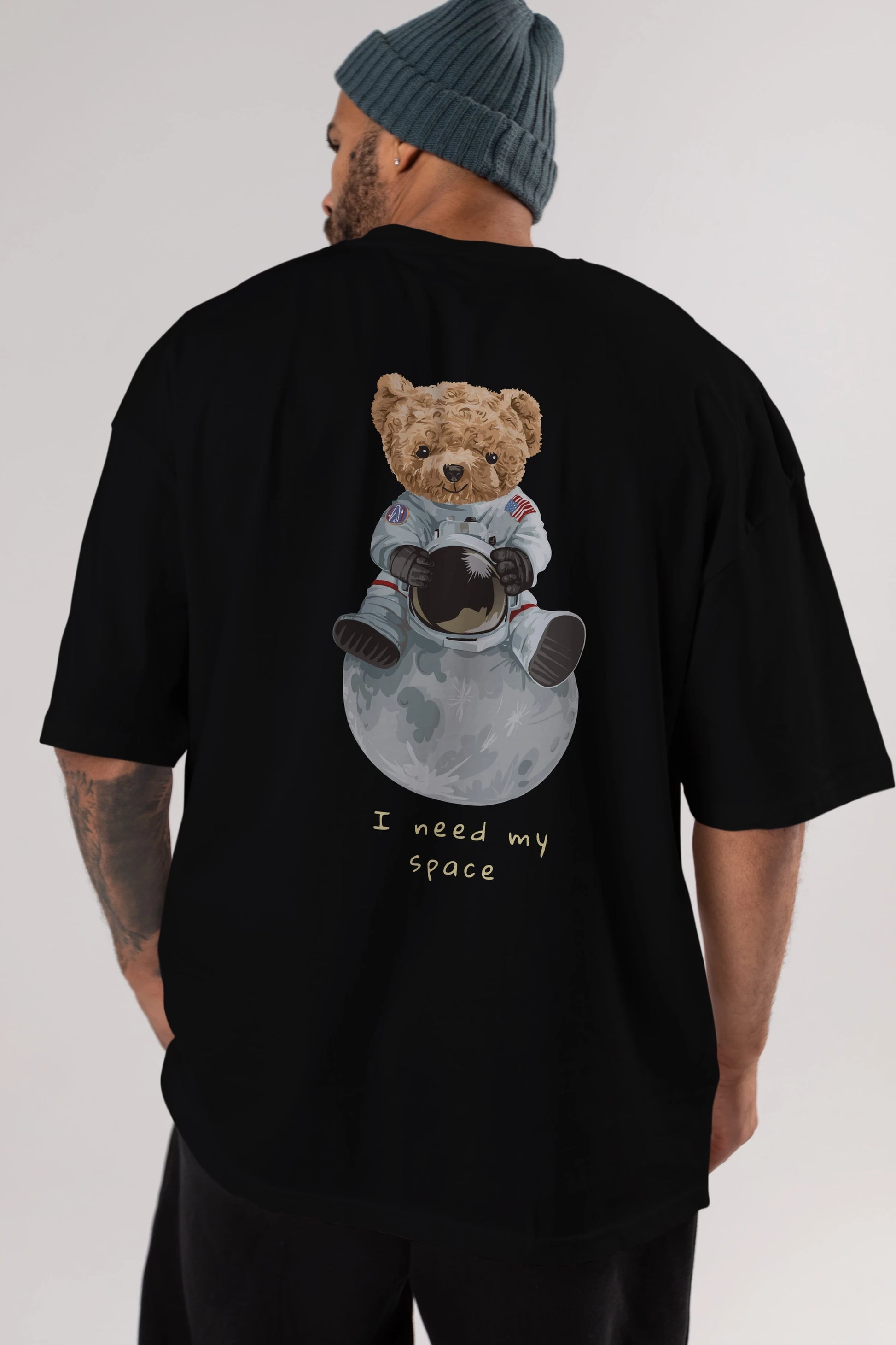 Teddy Bear I Need My Space Arka Baskılı Oversize t-shirt Erkek Kadın Unisex %100 Pamuk