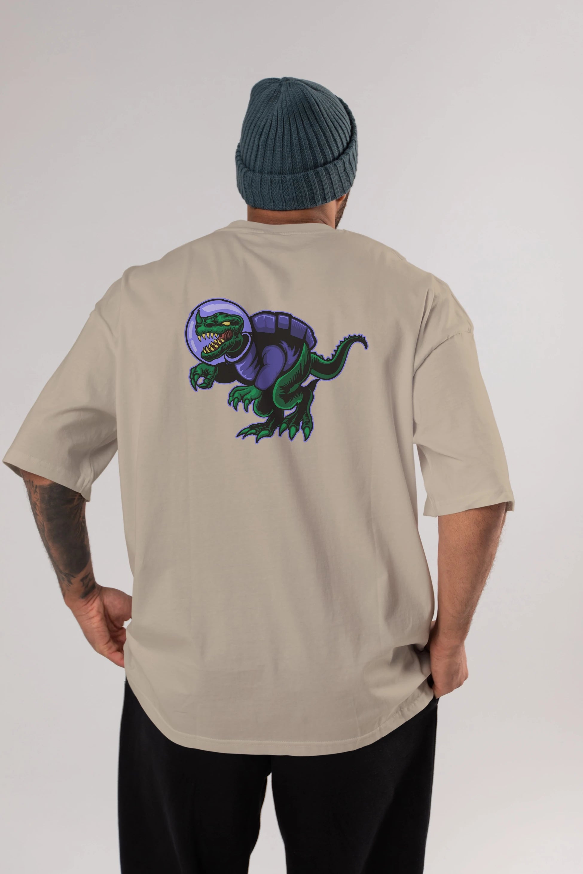 Space Dino Arka Baskılı Oversize t-shirt Erkek Kadın Unisex
