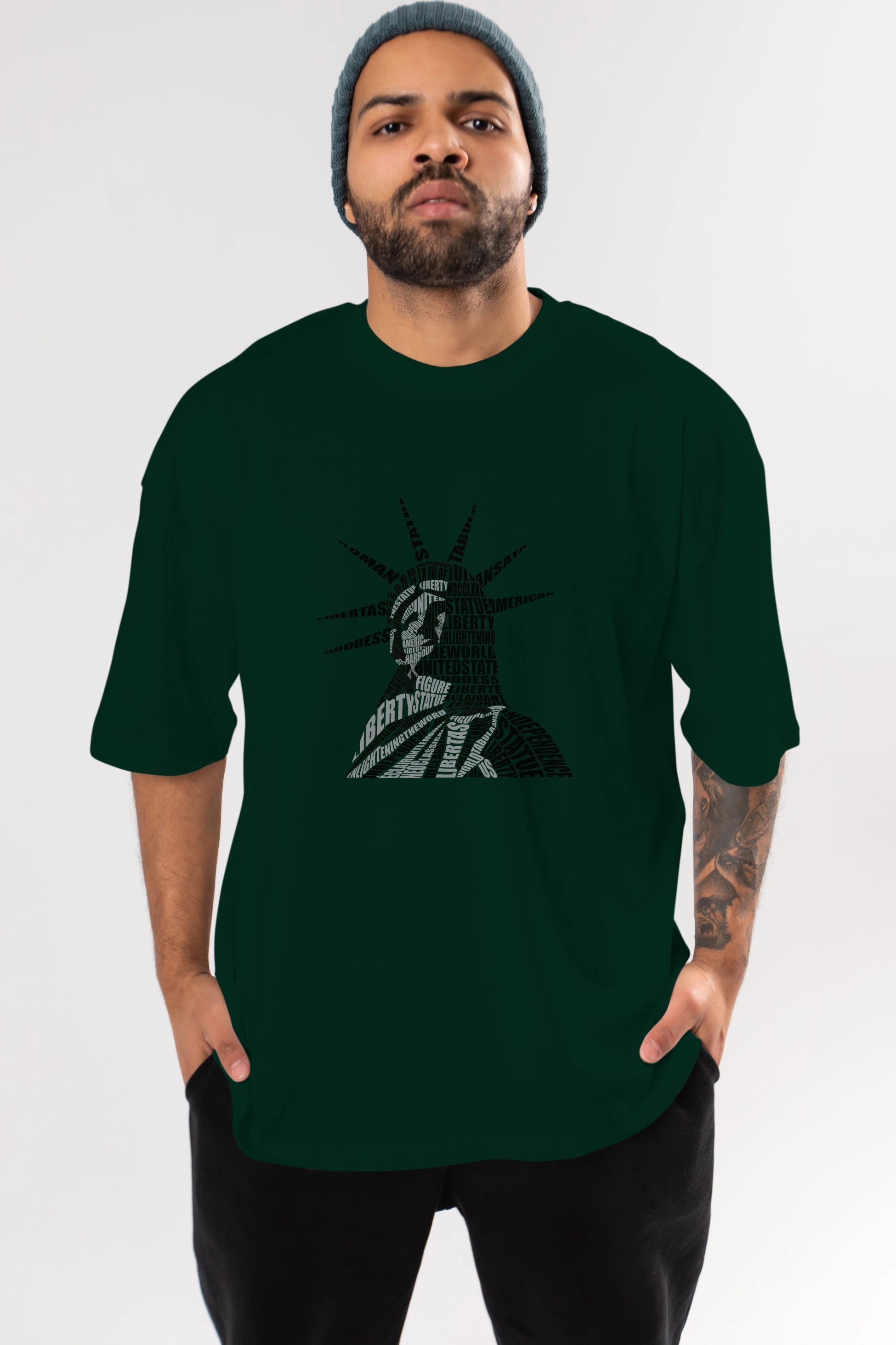 Liberty Statue Calligram Ön Baskılı Oversize t-shirt %100 pamuk Erkek Kadın Unisex