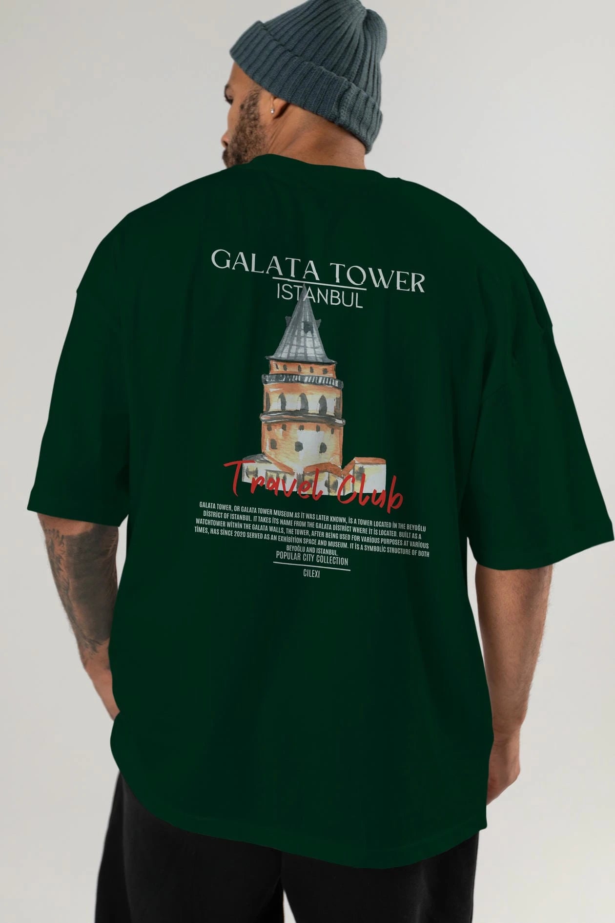 Galata Tower İstanbul Arka Baskılı Oversize t-shirt Erkek Kadın Pamuk Bisiklet Yaka tişort