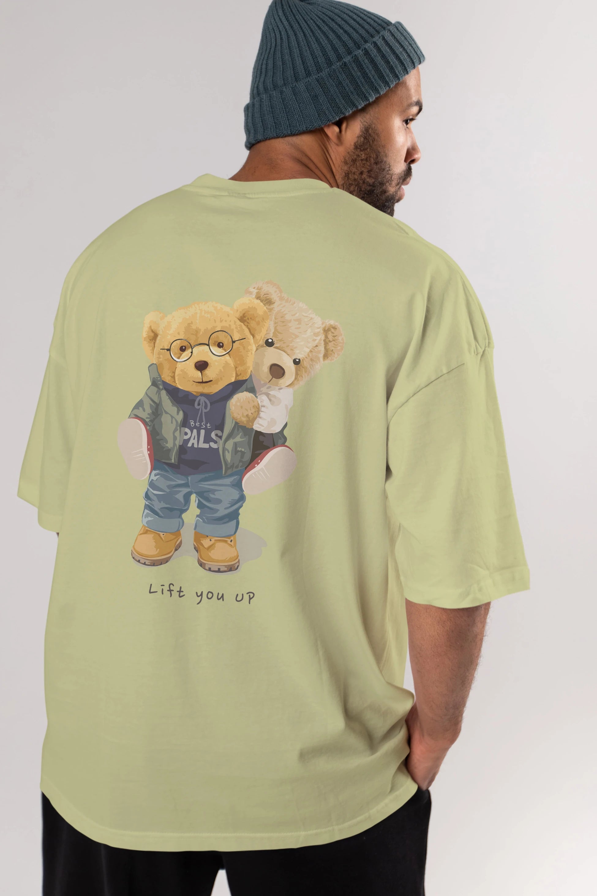 Teddy Bear Lift You Up Arka Baskılı Oversize t-shirt Erkek Kadın Unisex %100 Pamuk