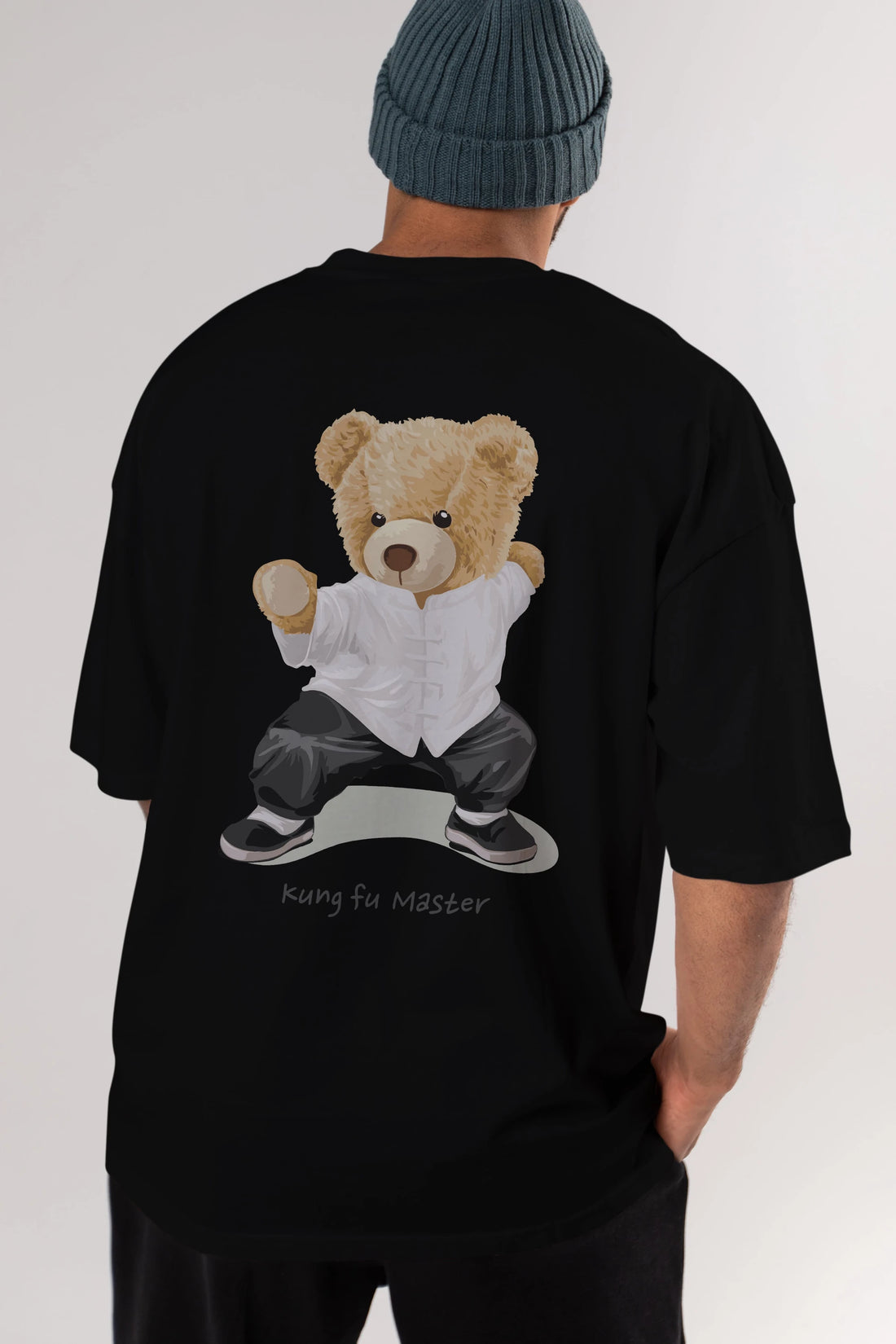 Teddy Bear Kung Fu Master Arka Baskılı Oversize t-shirt Erkek Kadın Unisex %100 Pamuk