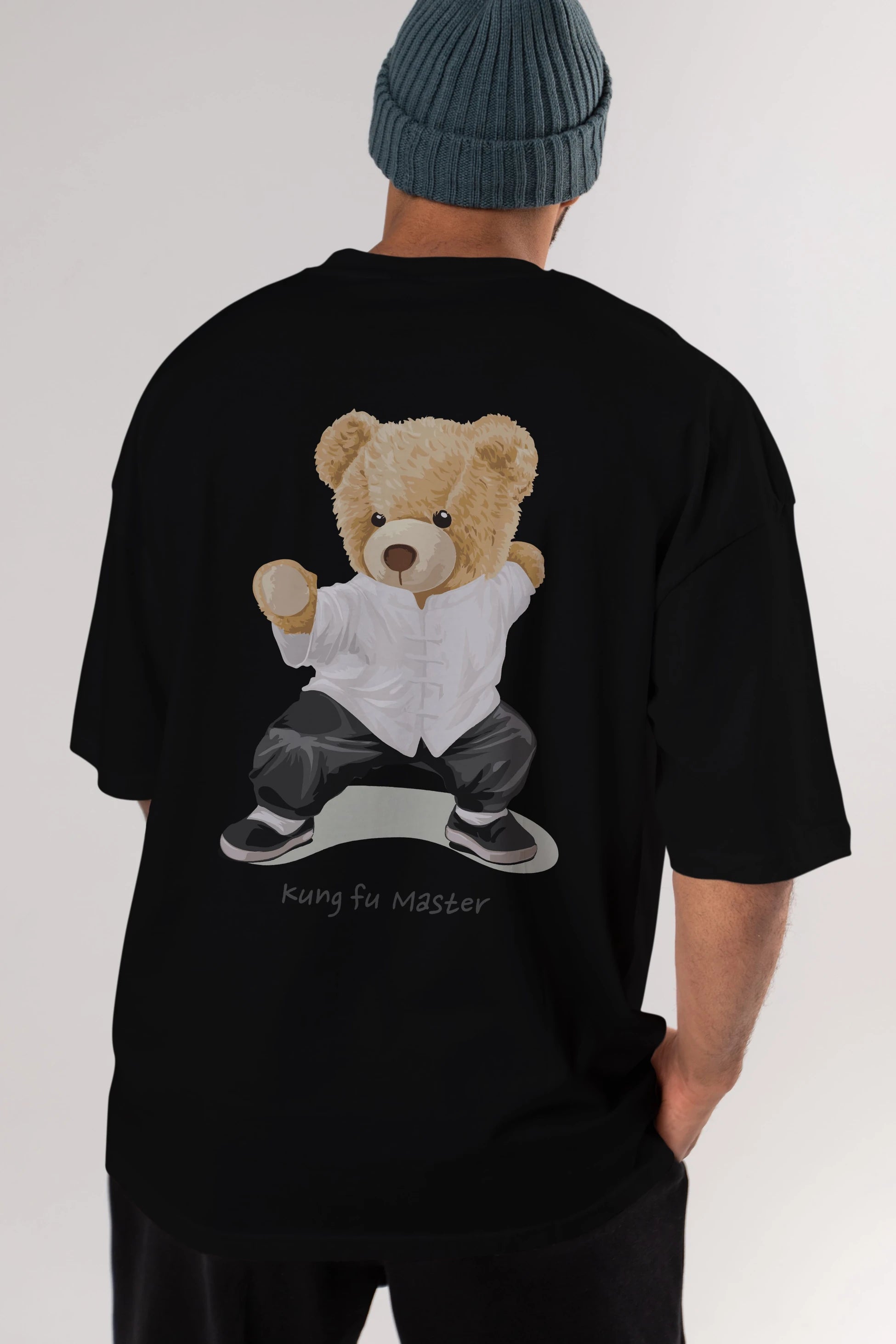 Teddy Bear Kung Fu Master Arka Baskılı Oversize t-shirt Erkek Kadın Unisex %100 Pamuk