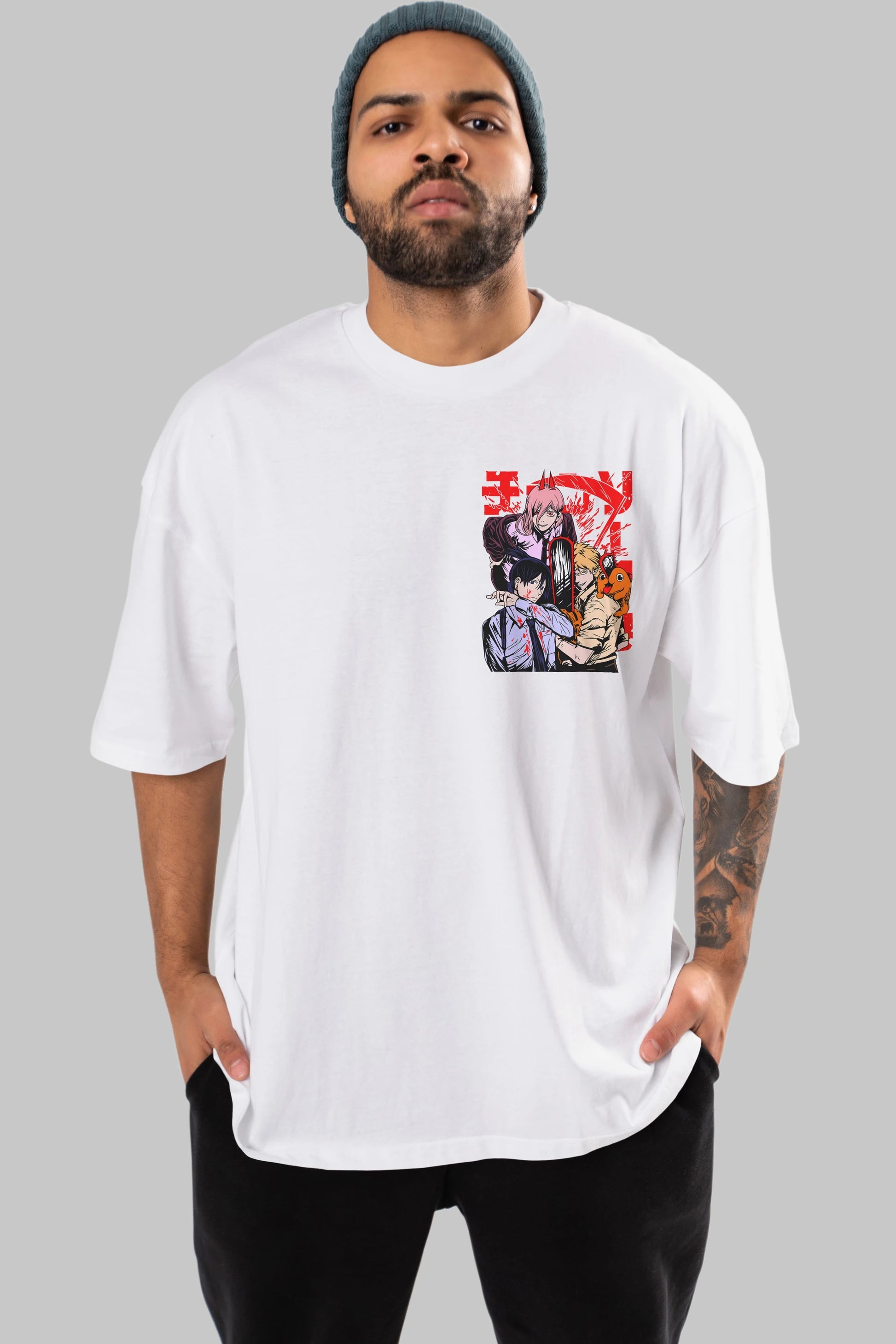 CHAINSAWMAN CREW Ön Sol Baskılı Oversize t-shirt Erkek Kadın Unisex %100 Pamuk Bisiklet Yaka tişort