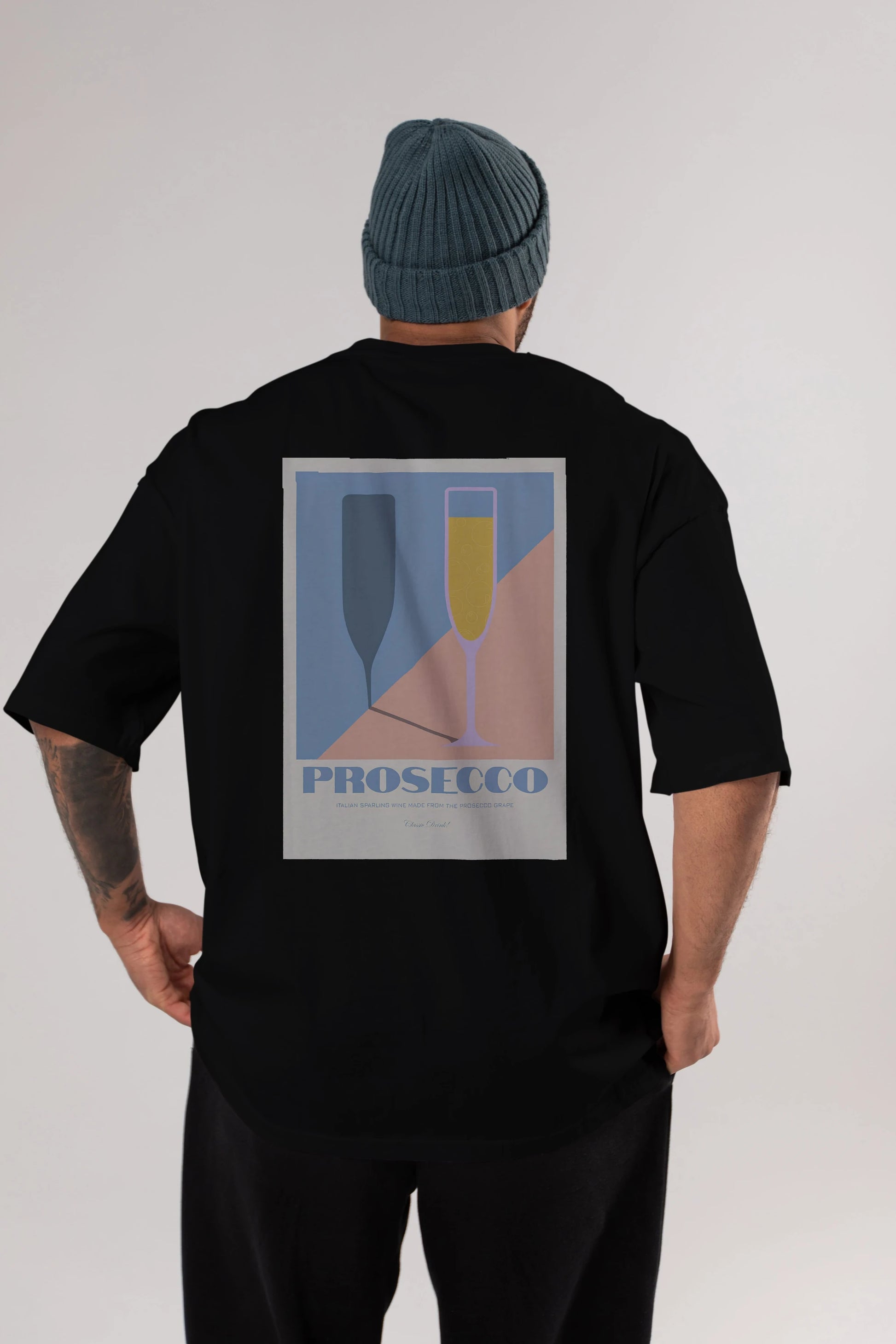 Prosecco Arka Baskılı Oversize t-shirt Erkek Kadın Unisex %100 Pamuk Bisiklet Yaka tişort