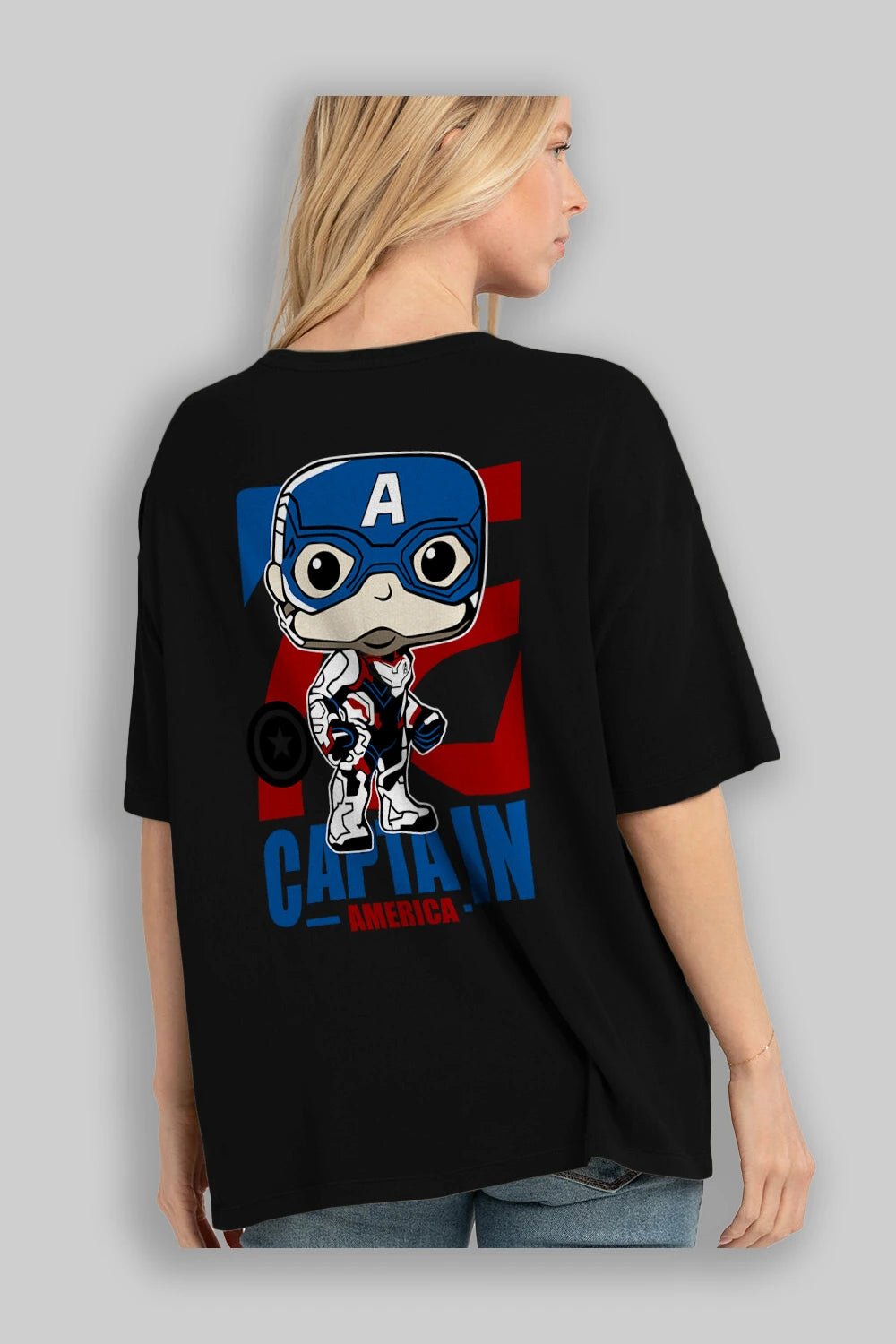 Captain America Arka Baskılı Oversize t-shirt Erkek Kadın Unisex %100 Pamuk Bisiklet Yaka tişort