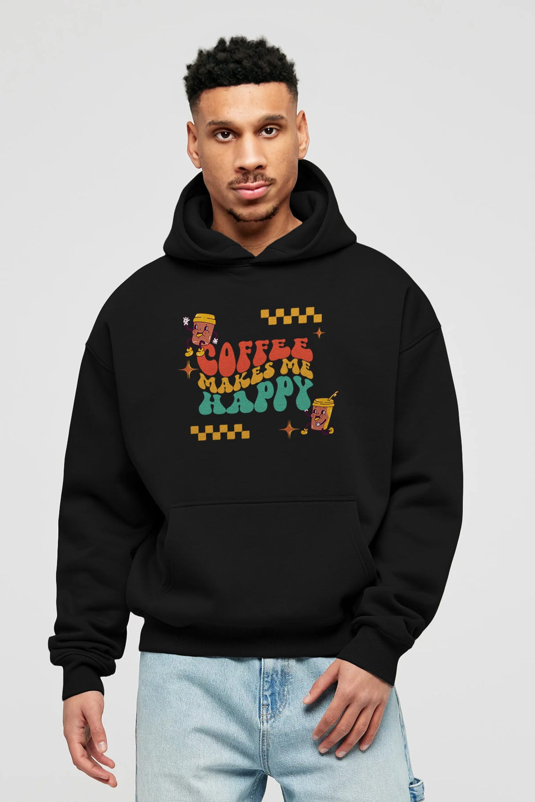 Coffee Makes Me Happy Yazılı Ön Baskılı Oversize Hoodie Kapüşonlu Sweatshirt Erkek Kadın Unisex