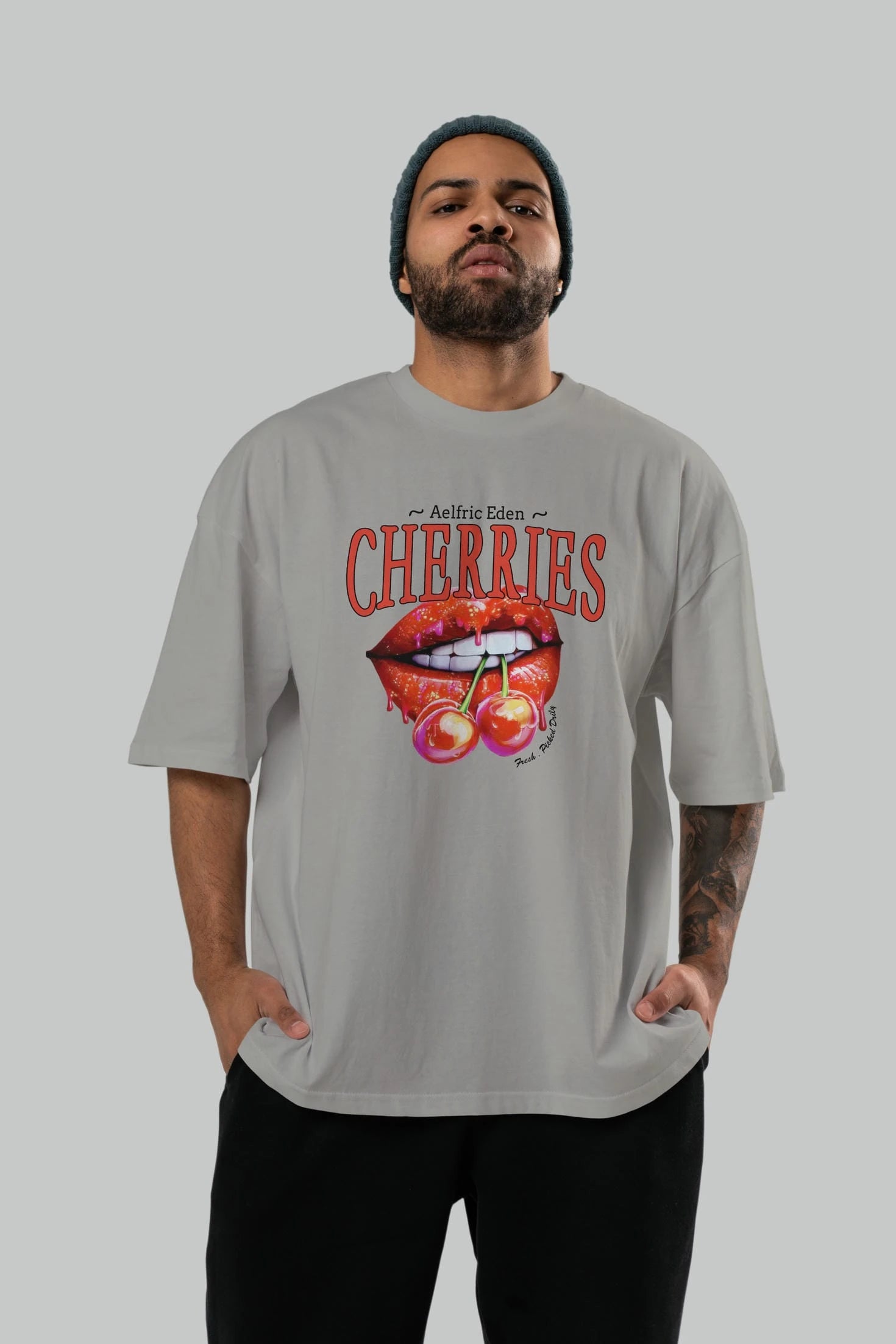Cherry Cherries 3 Ön Baskılı Oversize t-shirt Erkek Kadın Pamuk Bisiklet Yaka tişort