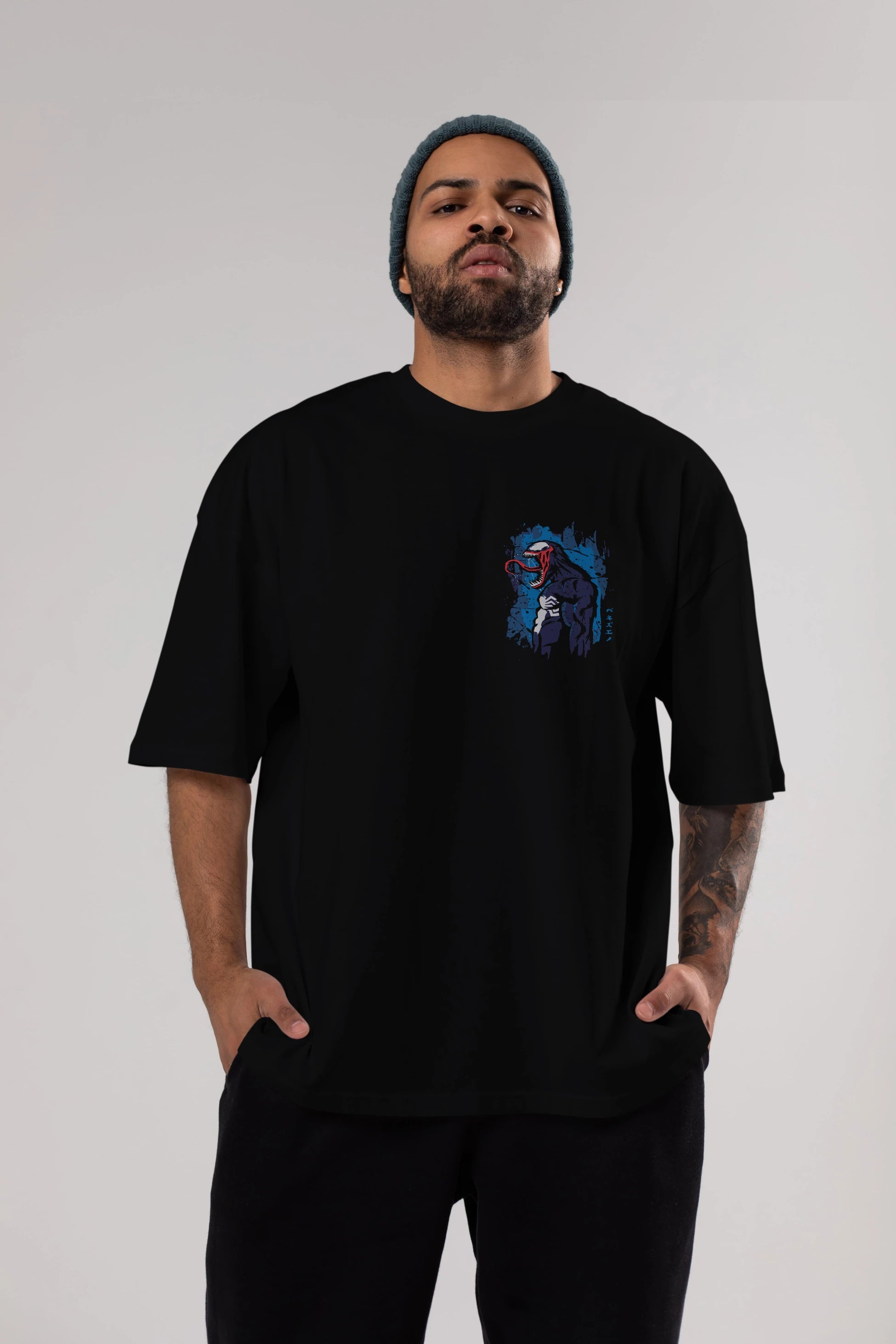 Venom (24) Ön Sol Baskılı Oversize t-shirt Erkek Kadın Unisex %100 Pamuk Bisiklet Yaka tişort