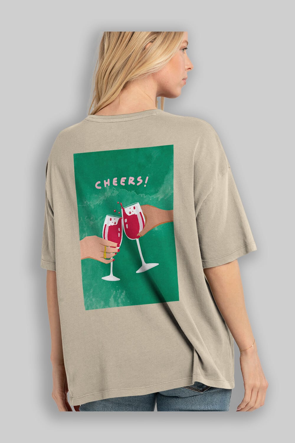 Cheers Arka Baskılı Oversize t-shirt Erkek Kadın Unisex %100 Pamuk Bisiklet Yaka tişort