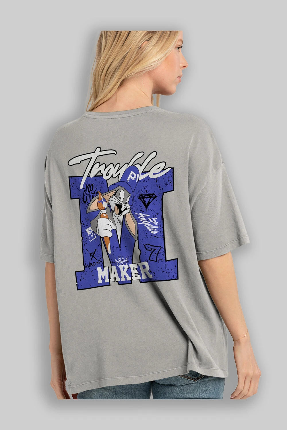 Bugs Bunny Arka Baskılı Oversize t-shirt Erkek Kadın Unisex %100 Pamuk Bisiklet Yaka tişort