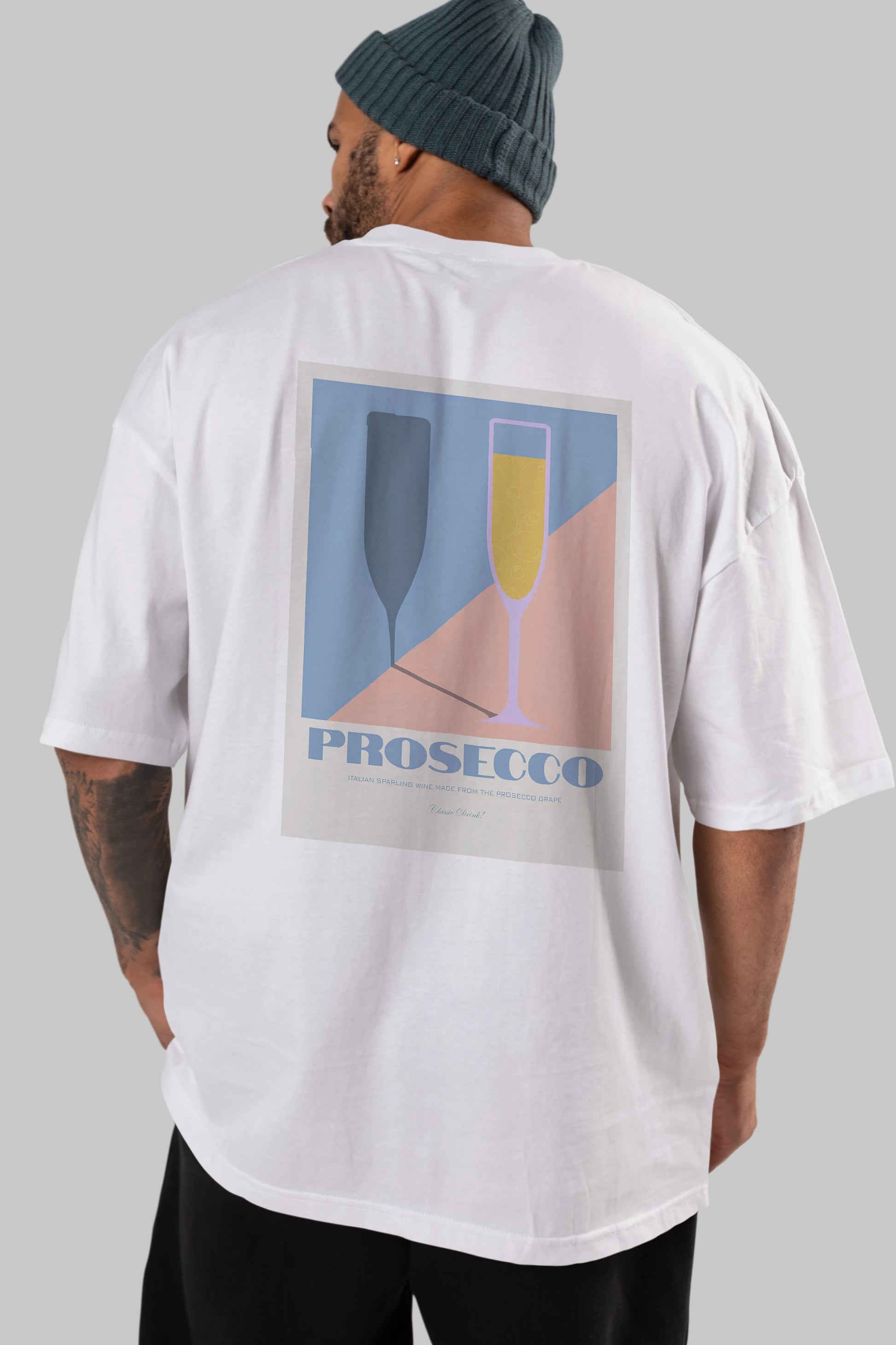 Prosecco Arka Baskılı Oversize t-shirt Erkek Kadın Unisex %100 Pamuk Bisiklet Yaka tişort