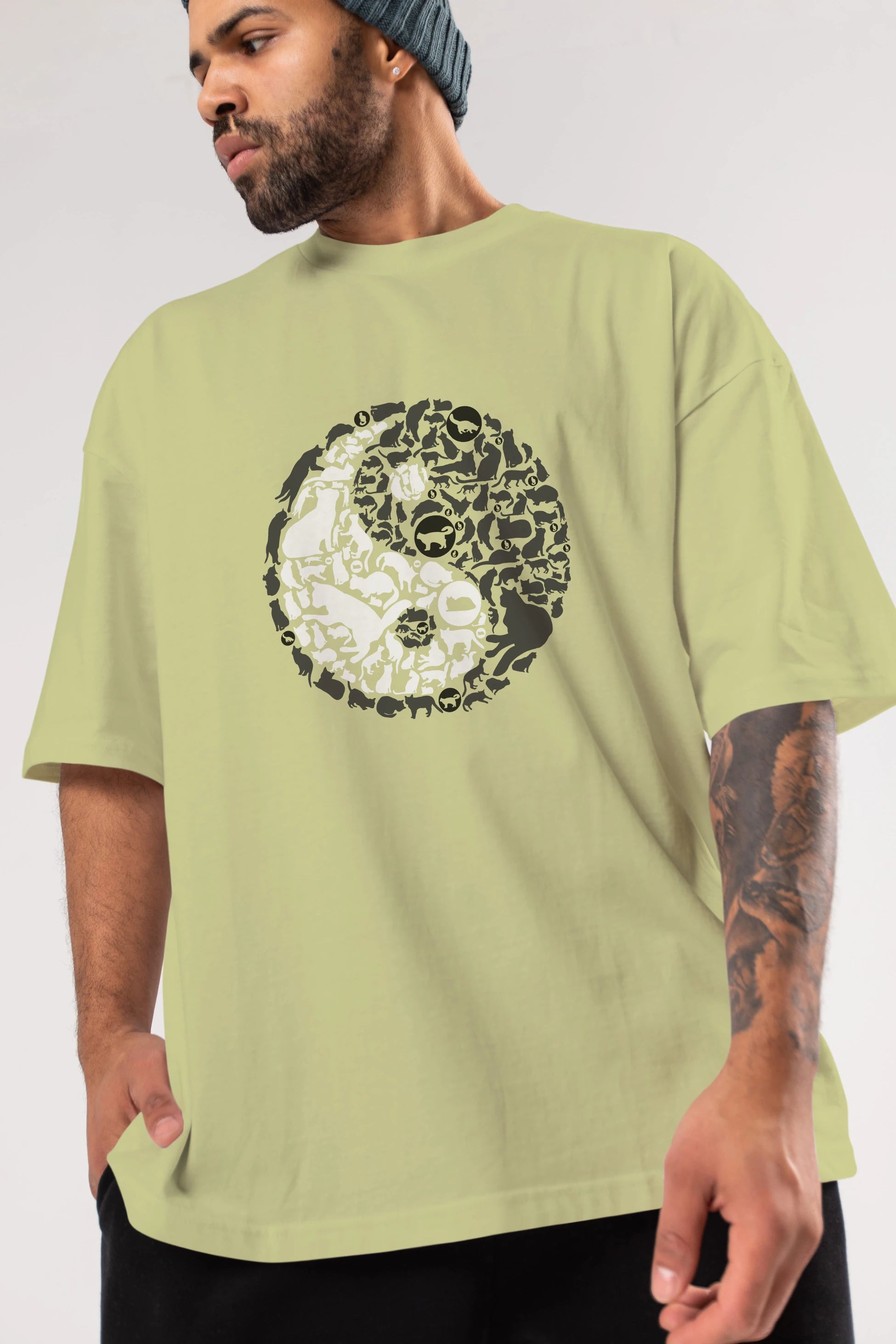 YinYang Cats Ön Baskılı Oversize t-shirt %100 pamuk Erkek Kadın Unisex