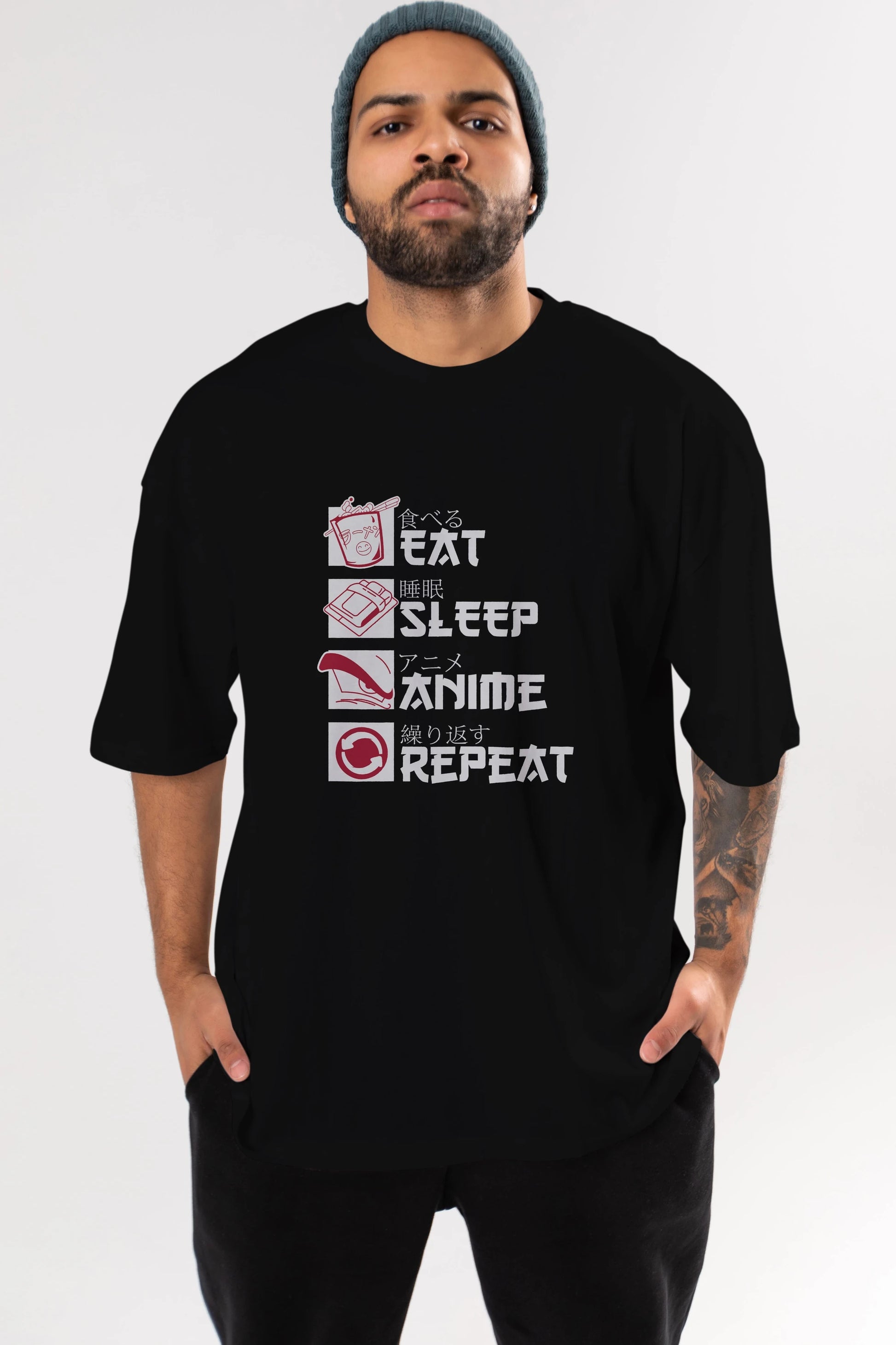 Eat, Sleep, Anime, Repeat Anime Ön Baskılı Oversize t-shirt %100 pamuk Erkek Kadın Unisex