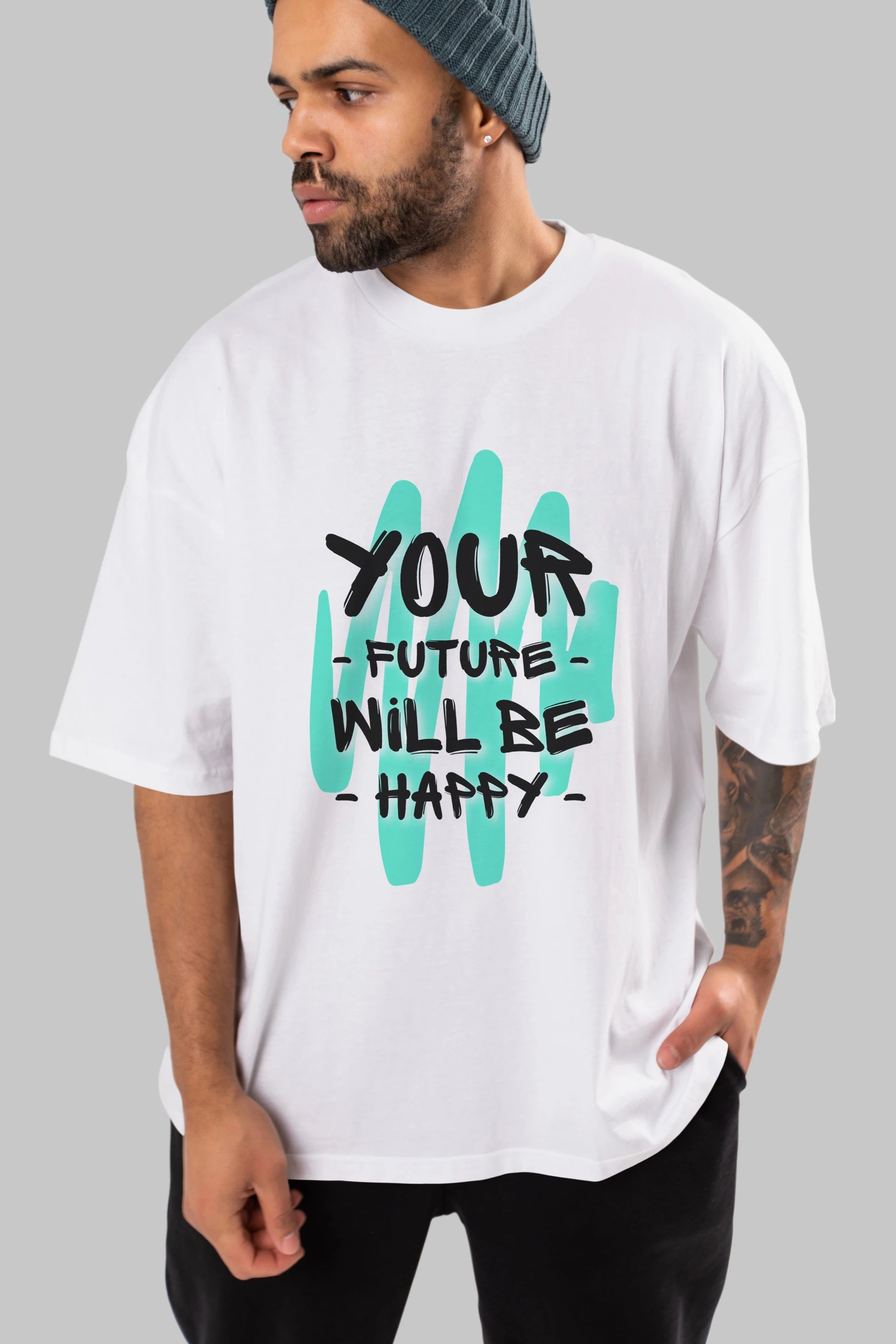 Your Future Will be Happy Yazılı Ön Baskılı Oversize t-shirt Erkek Kadın Unisex